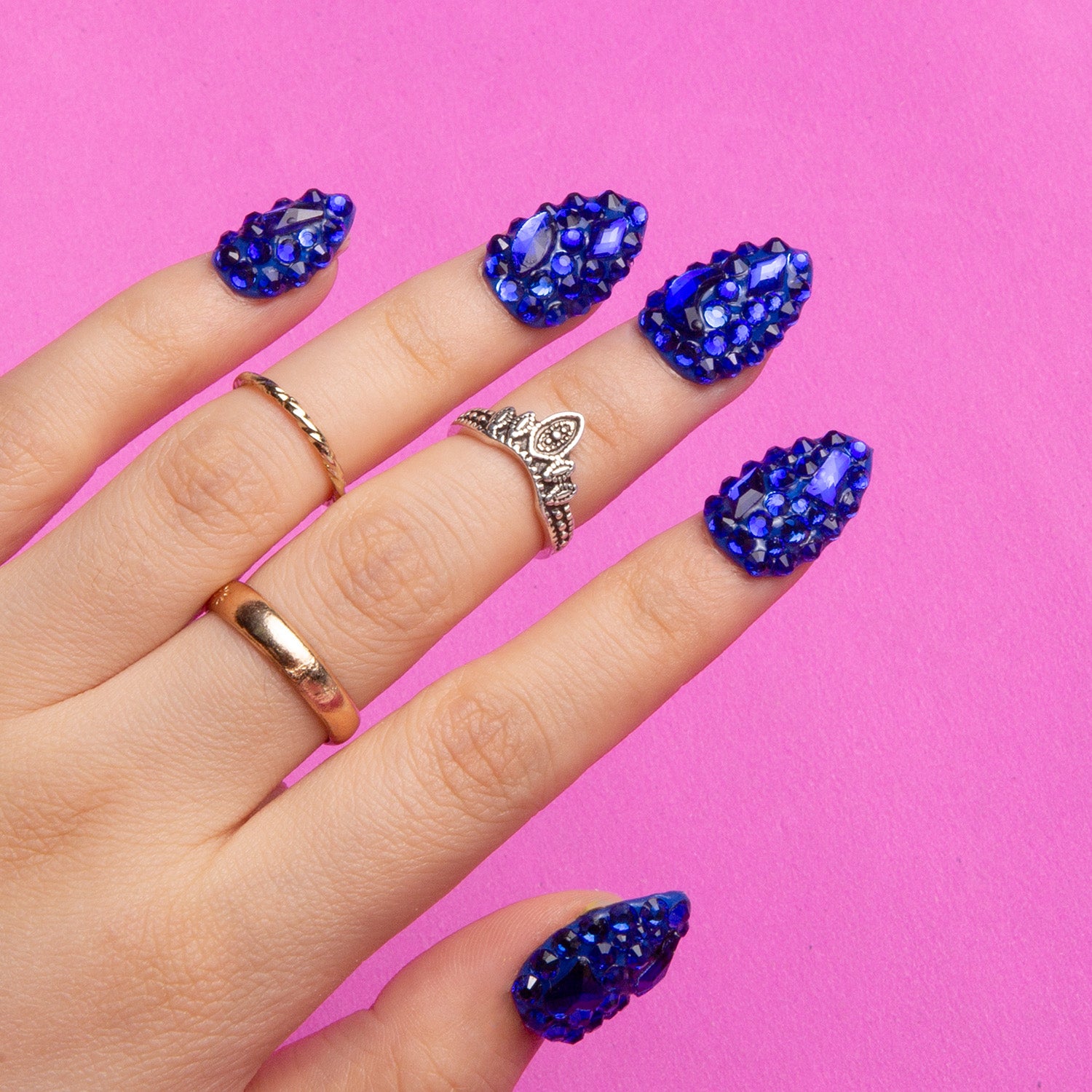 Deep Sea Classic Rhinestone Handmade Almond Nails H75