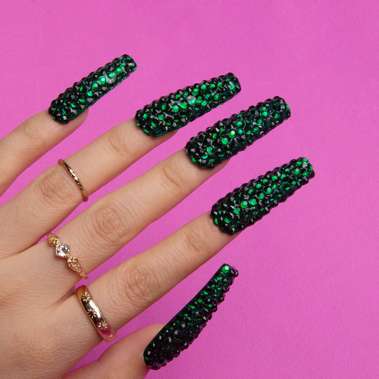 Classic Green Rhinestone Handmade Coffin Nails H147