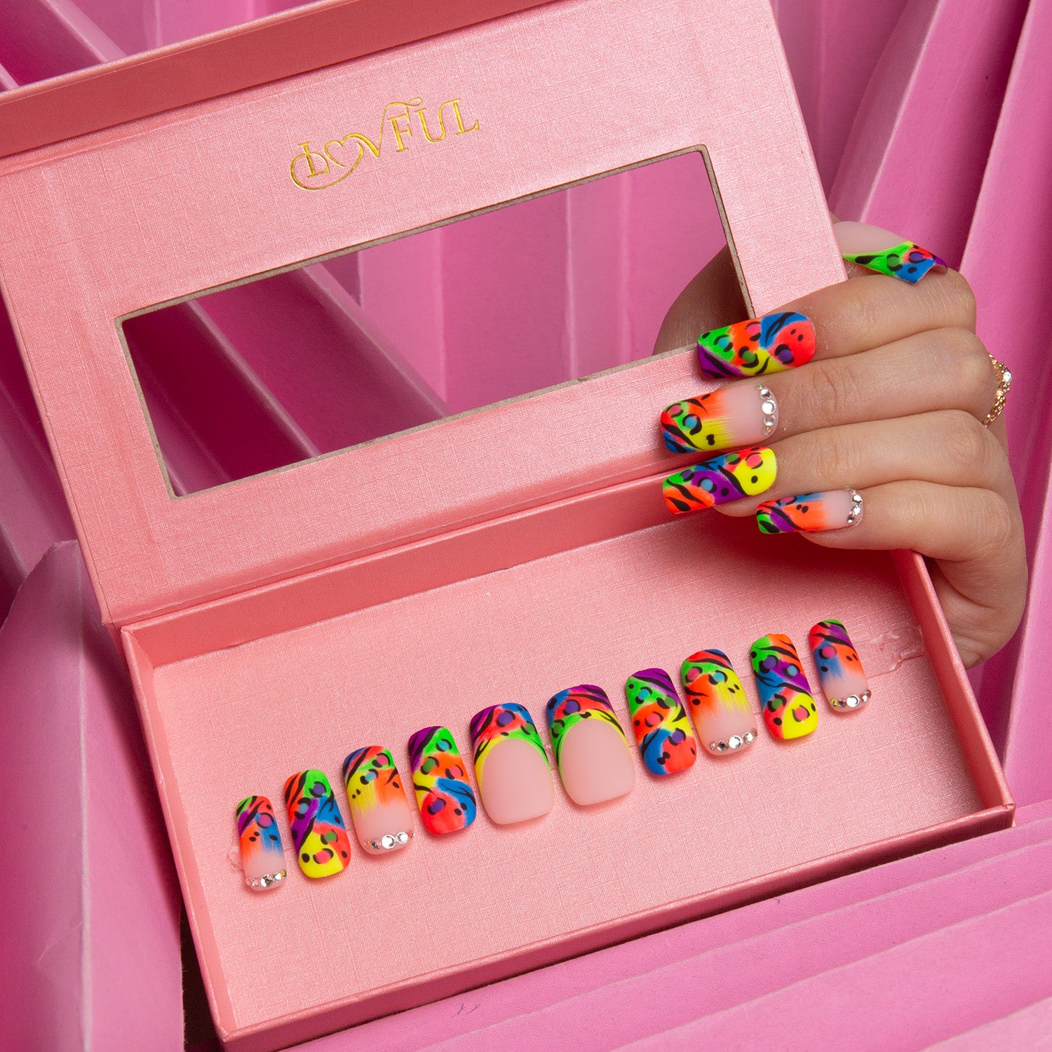 Colorful French tip press-on nails with leopard prints in pink box by Lovful