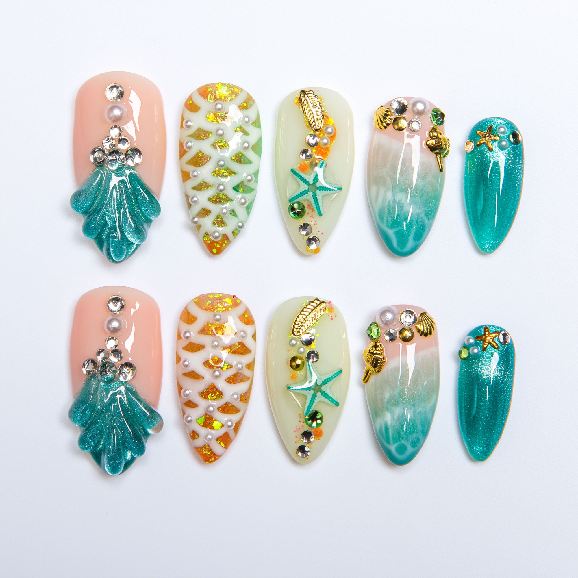 Surfing Girls Blue Handmade Press on Nails H119