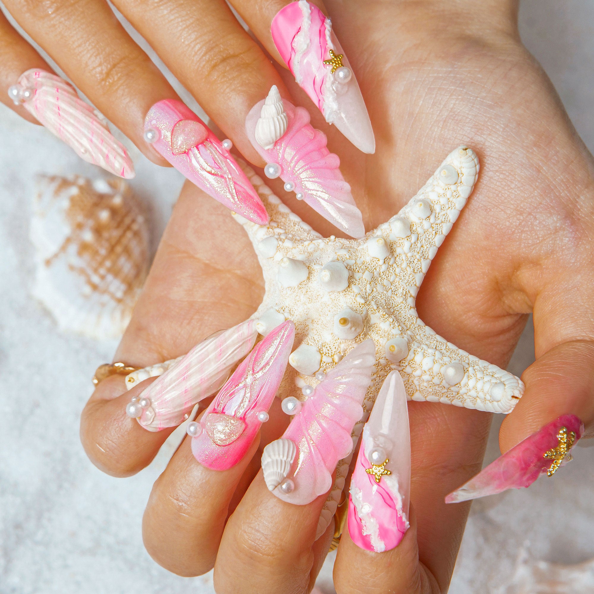 Seashell Siren Handmade Stiletto Nails H550 RTS