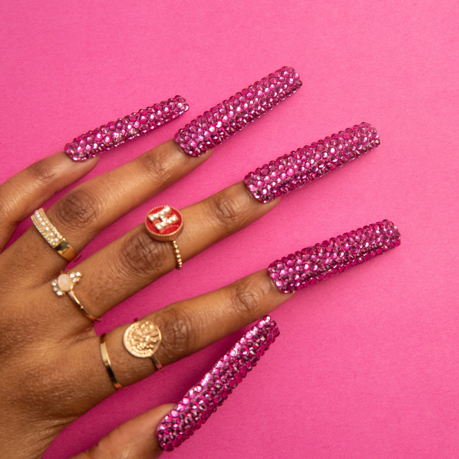 Classic Pink Rhinestone Handmade Square Nails H150 RTS