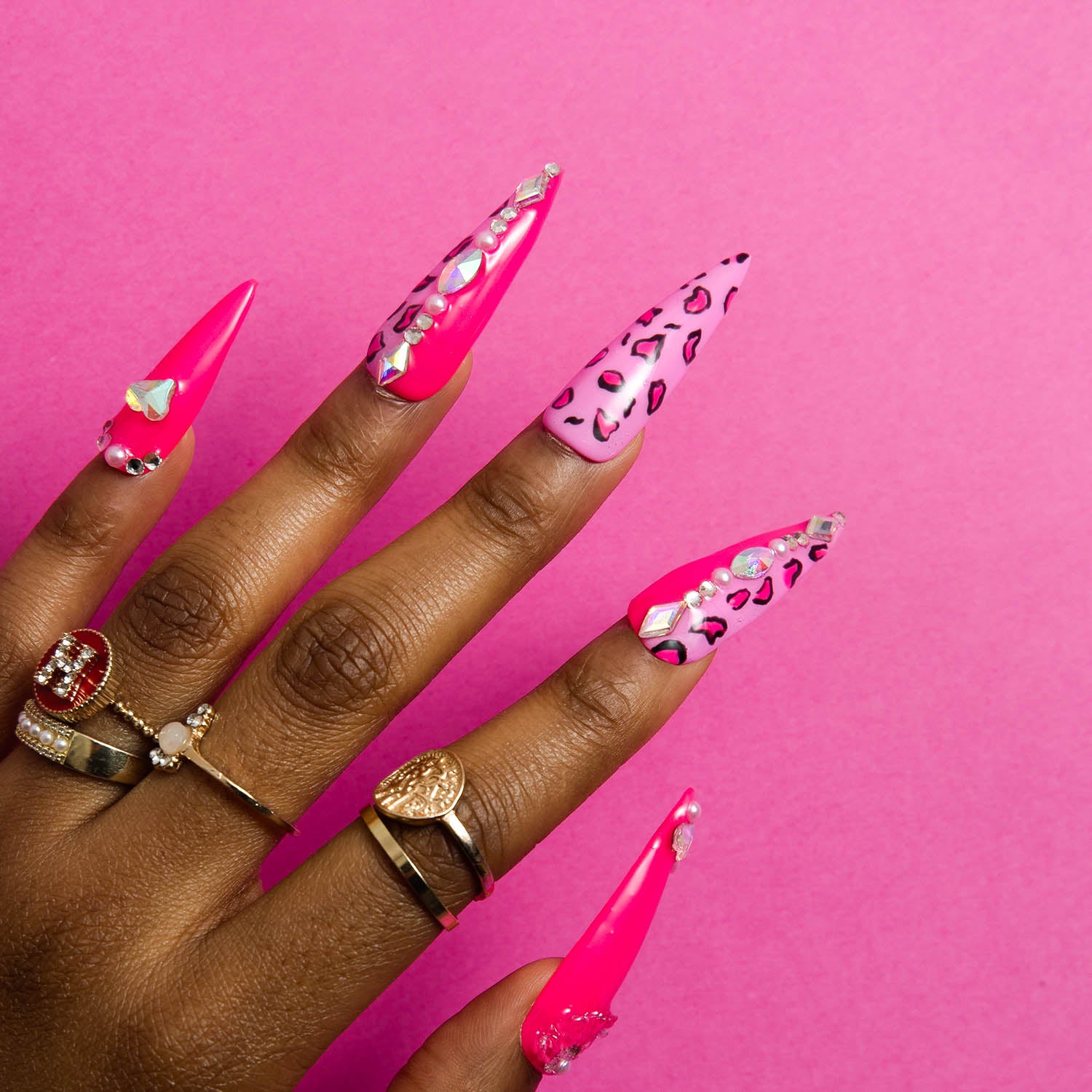 Pink Leopard Handmade Stiletto nails H64