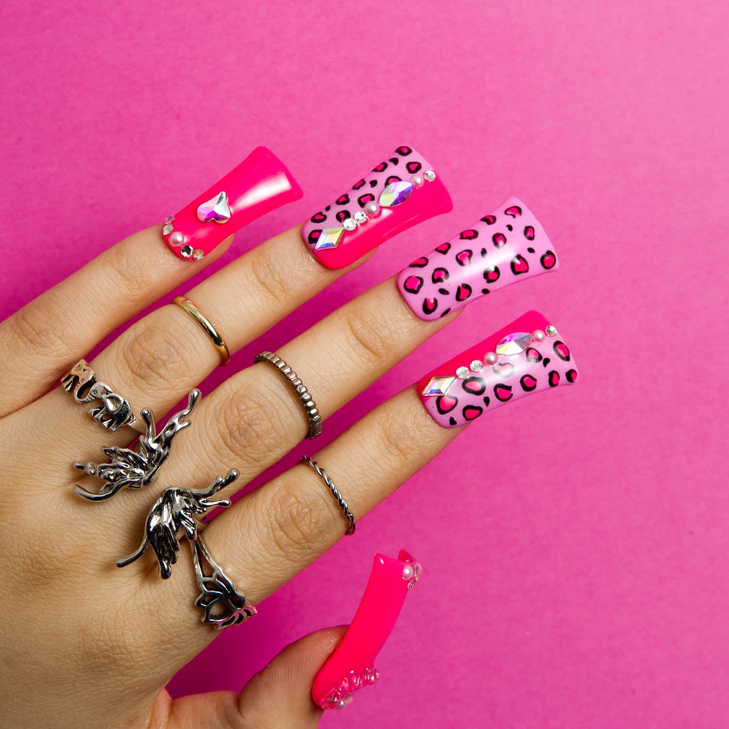 Pink Leopard Handmade Duck Nails H64