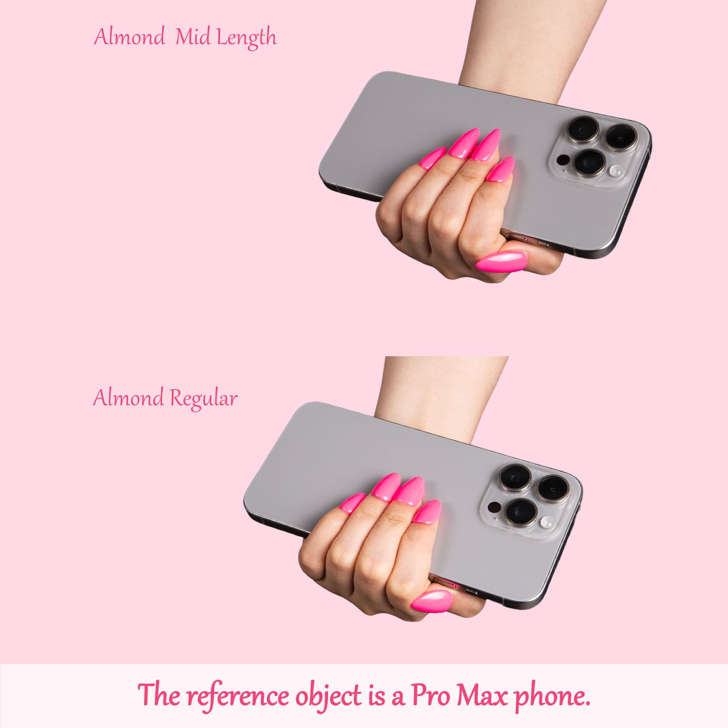 Comparison of Lovful's almond-shaped press-on nails in Mid Length and Regular on a hand holding a Pro Max phone. Both designs feature bright pink nails.