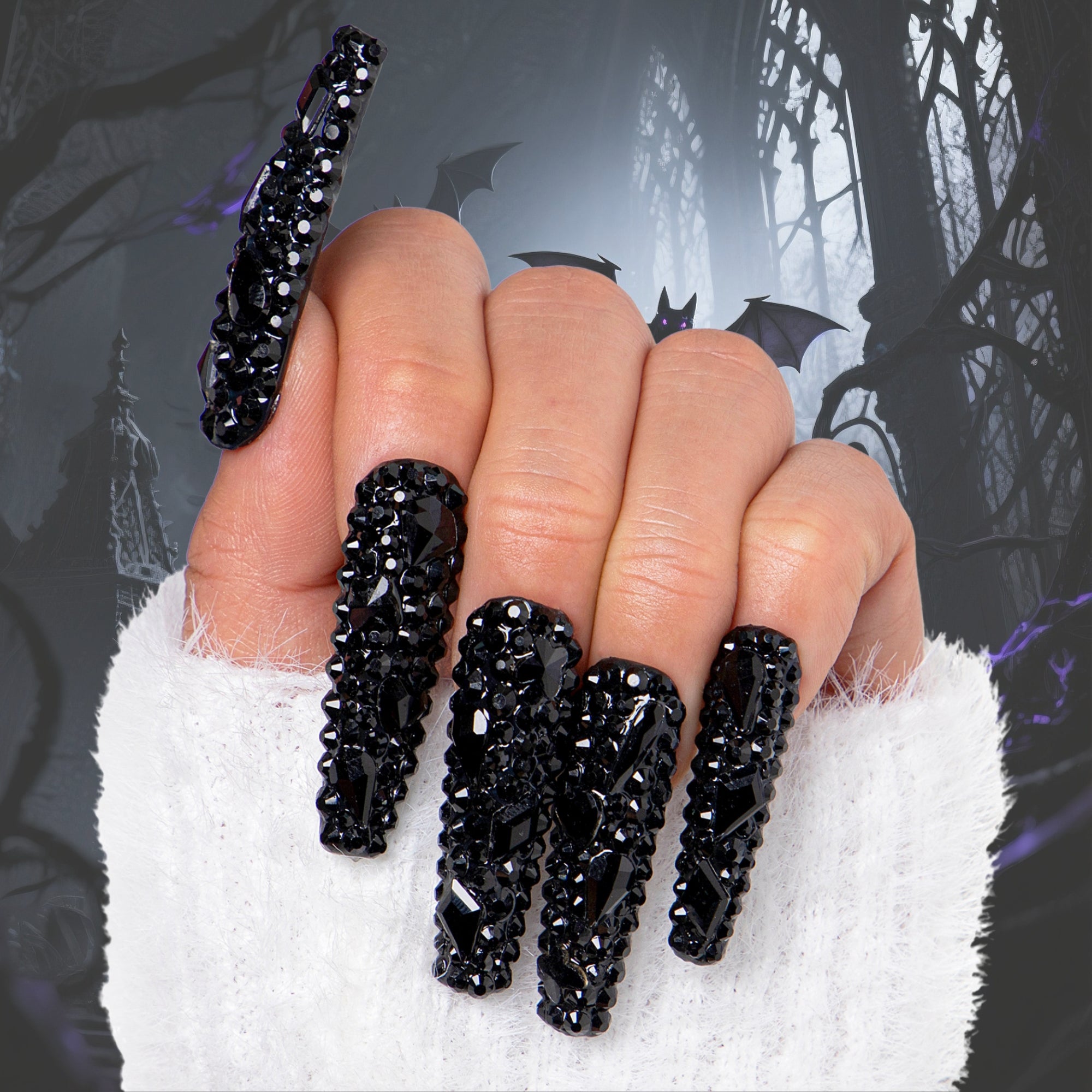 Classic Black Rhinestone Handmade Nails H146