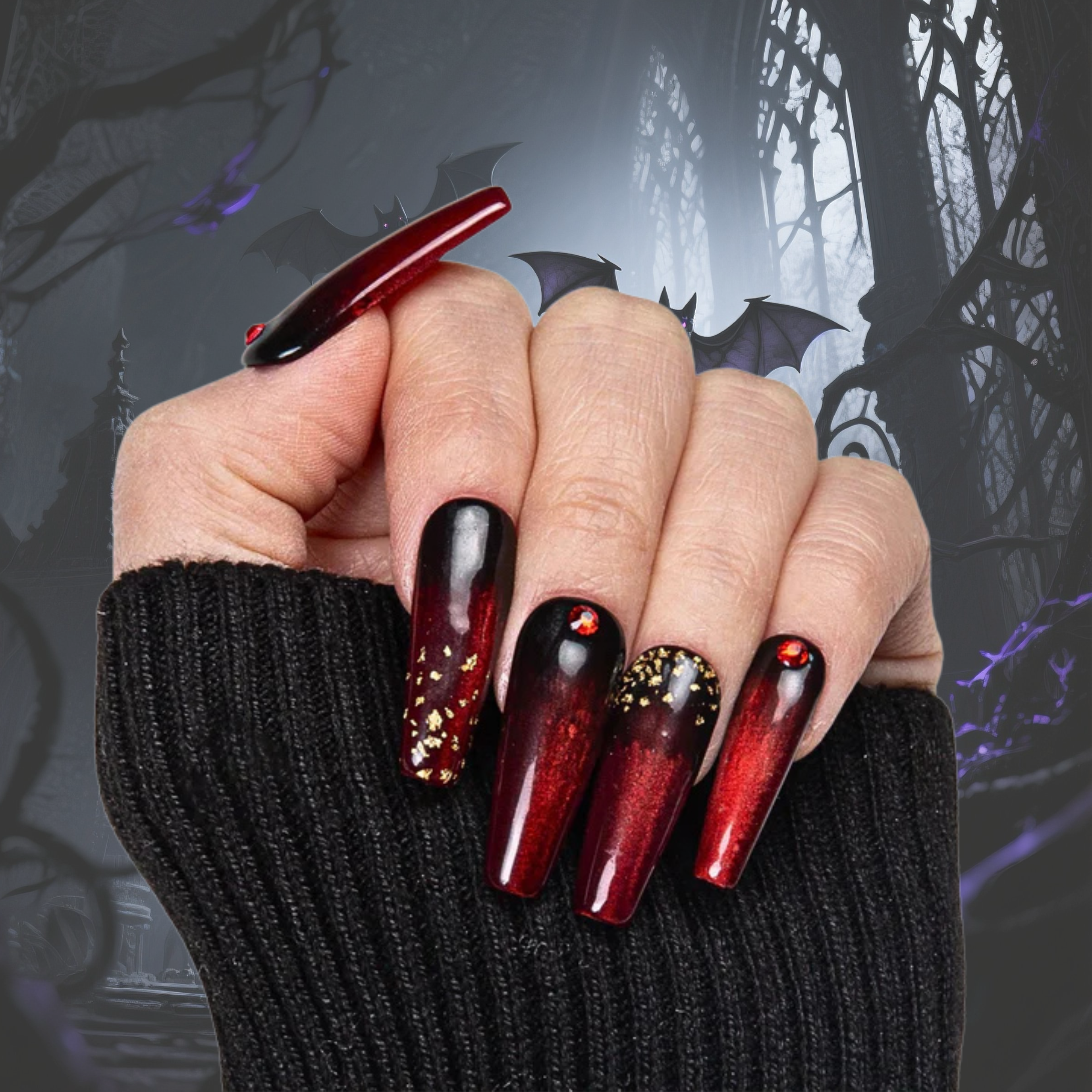 Rose Ashes Black and Red Handmade Nails H07