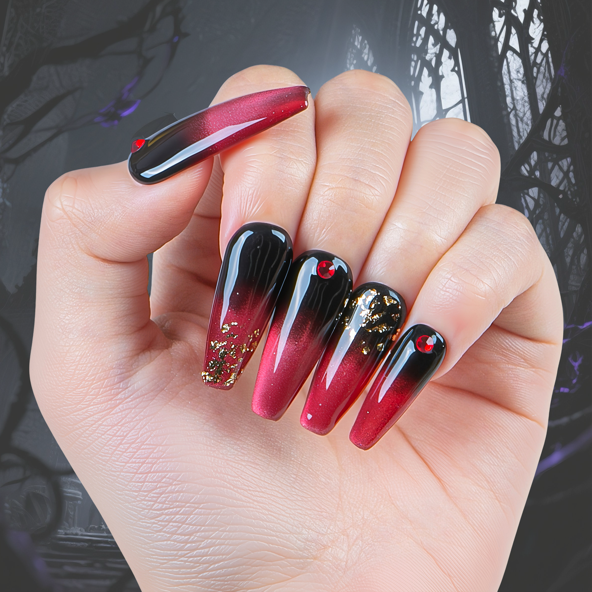 Rose Ashes Black and Red Handmade Nails H07