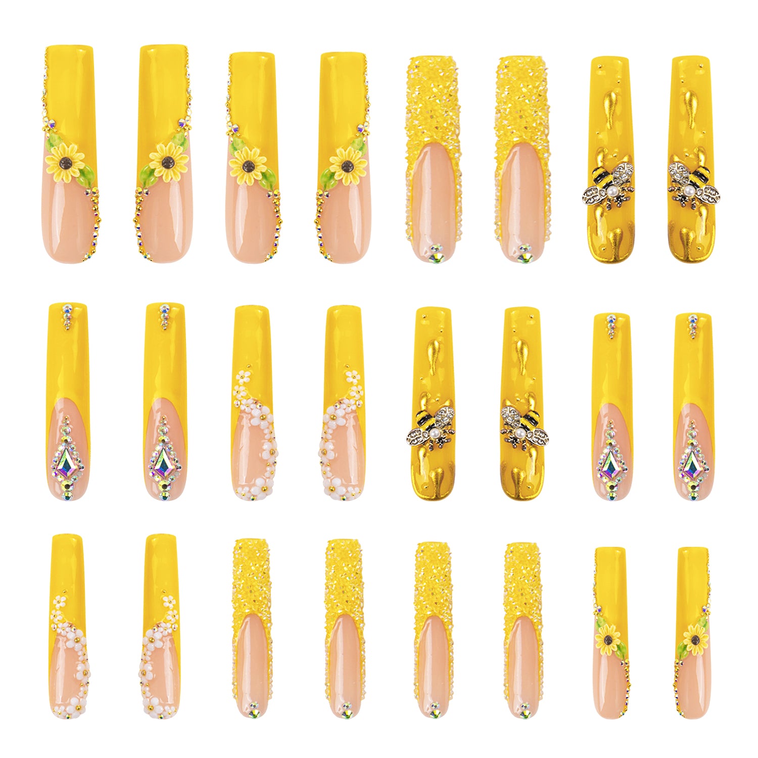 24-piece Honey Bee press-on nails set with bright yellow designs, sunflower patterns, glitter accents, and 3D bee decorations inspired by garden beauty.