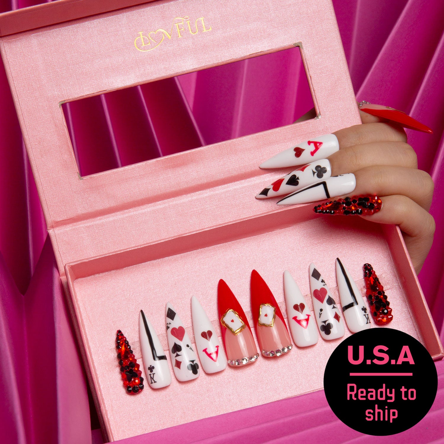 Lovful 'Poker Queen' stiletto press-on nails in a pink velvet box, featuring red and white playing card designs with hearts and suits. U.S.A ready to ship.