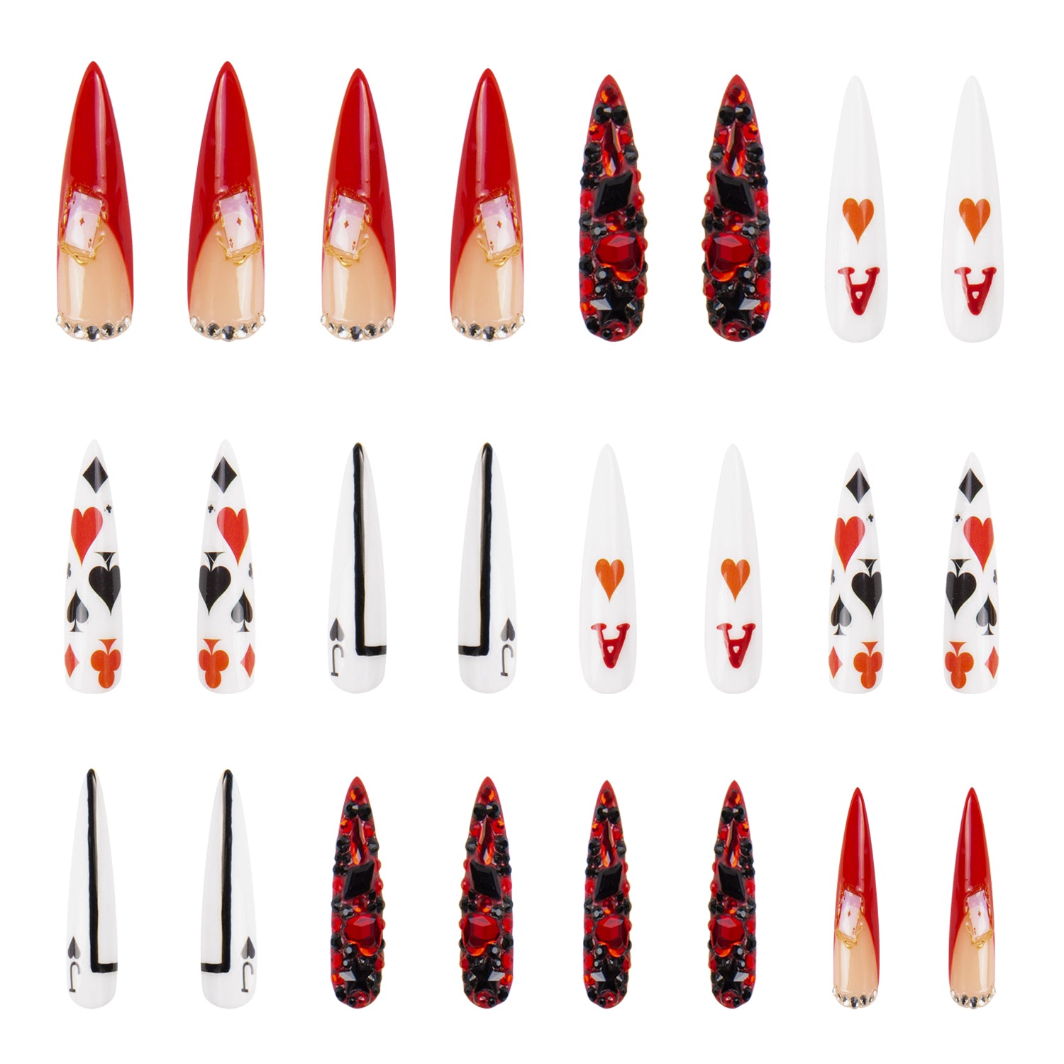 Set of 24 press-on nails 'H102 - Poker Queen' inspired by Alice in Wonderland, featuring designs with Queen of Hearts, red hearts, black spades, and red and black patterns. Nails have various shapes and colors, including red, white, black, and nude.