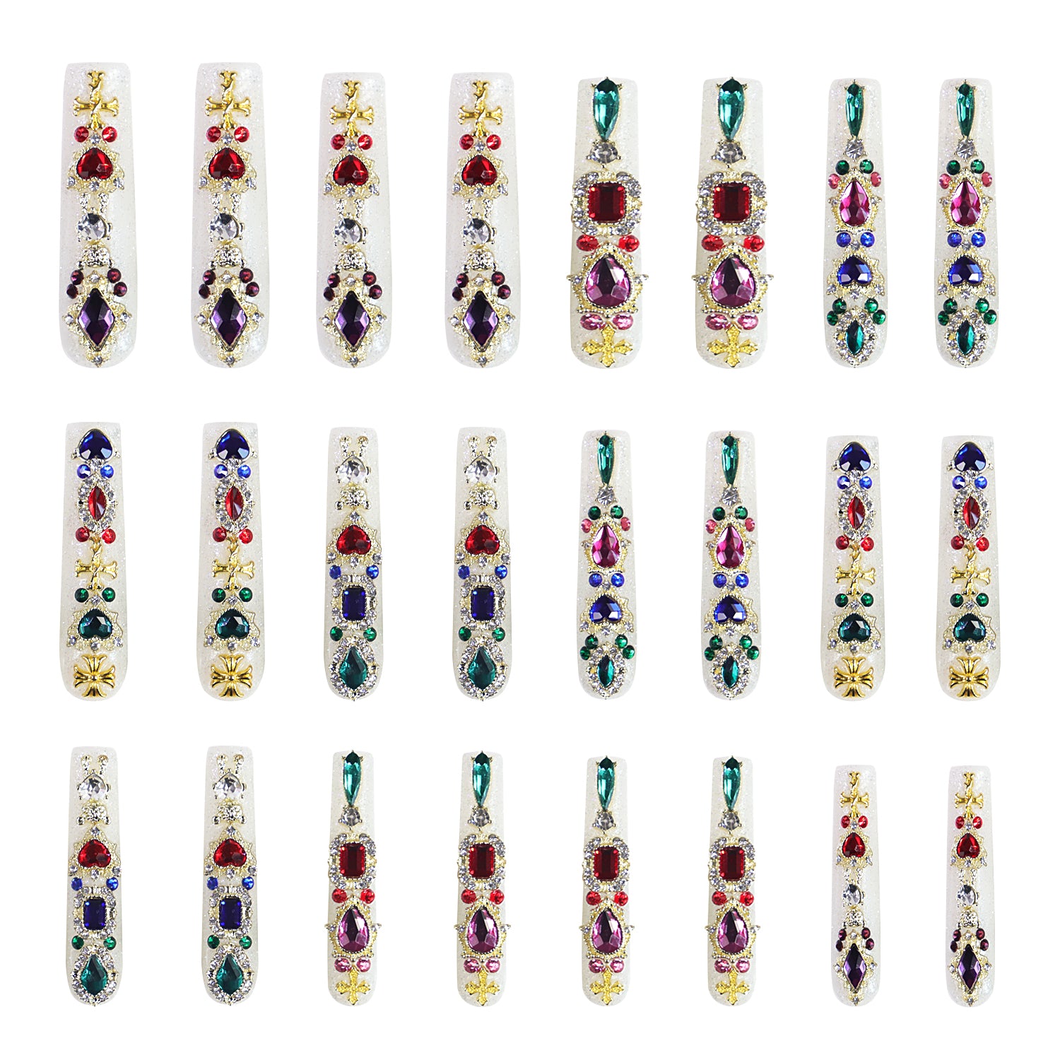 24 pieces of Treasure Trove press-on nails (H103) adorned with colorful red, green, purple, and blue gems amidst glistening glitter, arranged in rows.