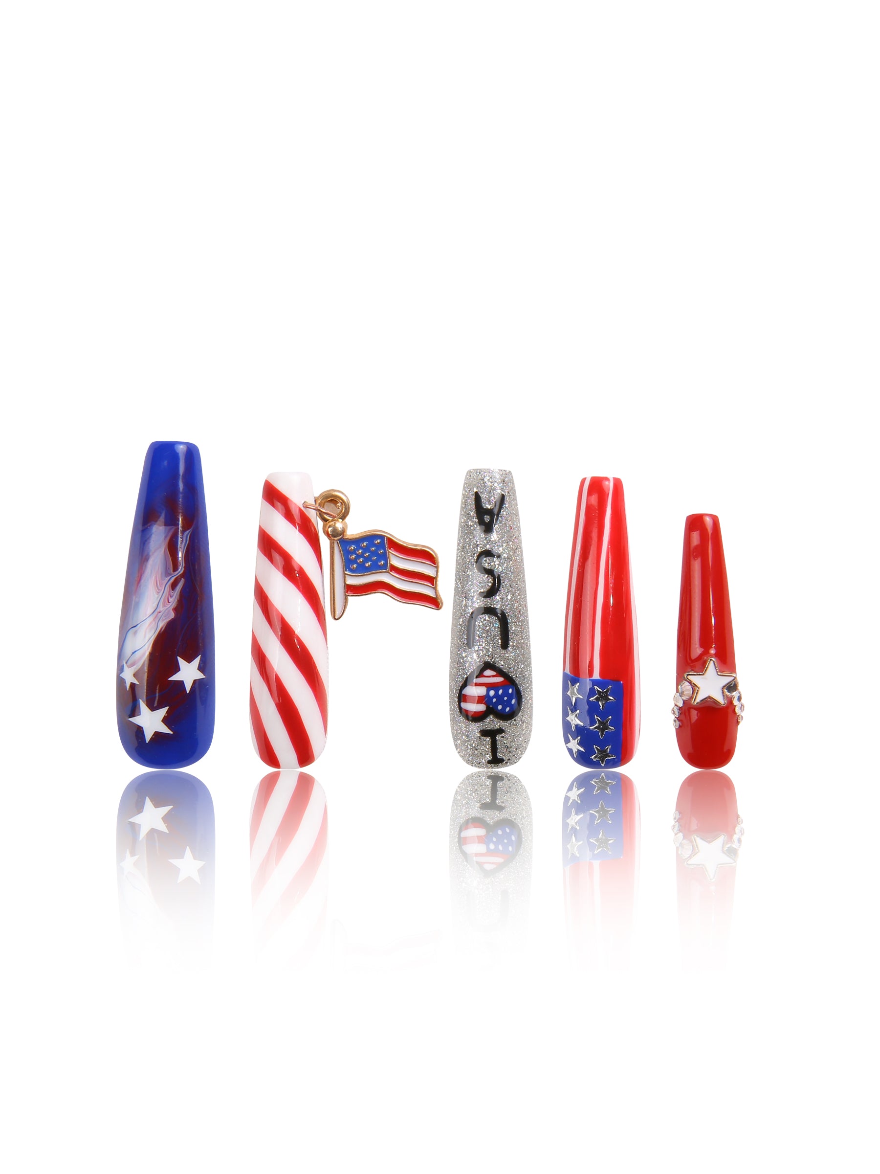 American Dream press-on nail set featuring patriotic designs with red, white, and blue colors, stars, stripes, and USA text. Perfect for Independence Day celebrations.