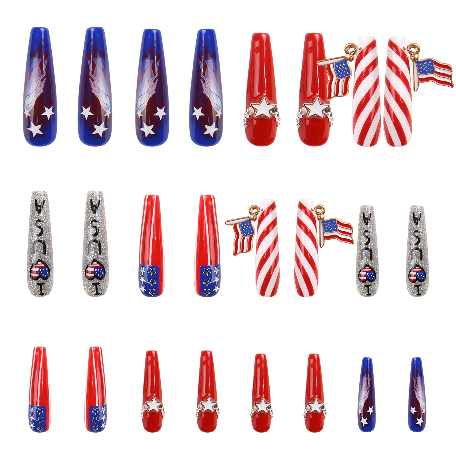 Set of 24 'American Dream' press-on nails featuring American flag-inspired designs with stars, stripes, and USA text in red, white, and blue colors.