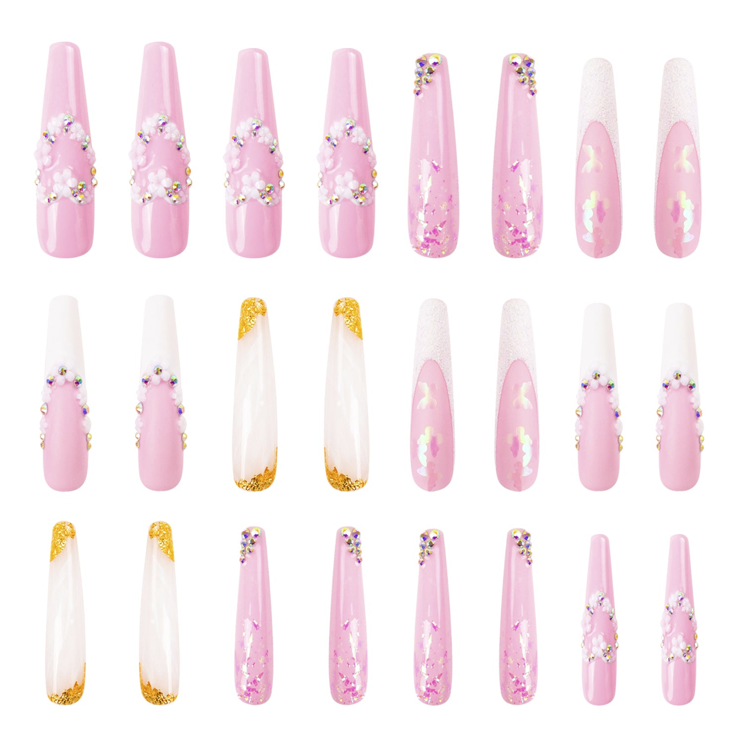 Set of 24 pink press-on acrylic nails with delicate French tips and heart-shaped flower ring designs, featuring golden sparkling tips and rhinestone accents. Perfect for bridal wear.