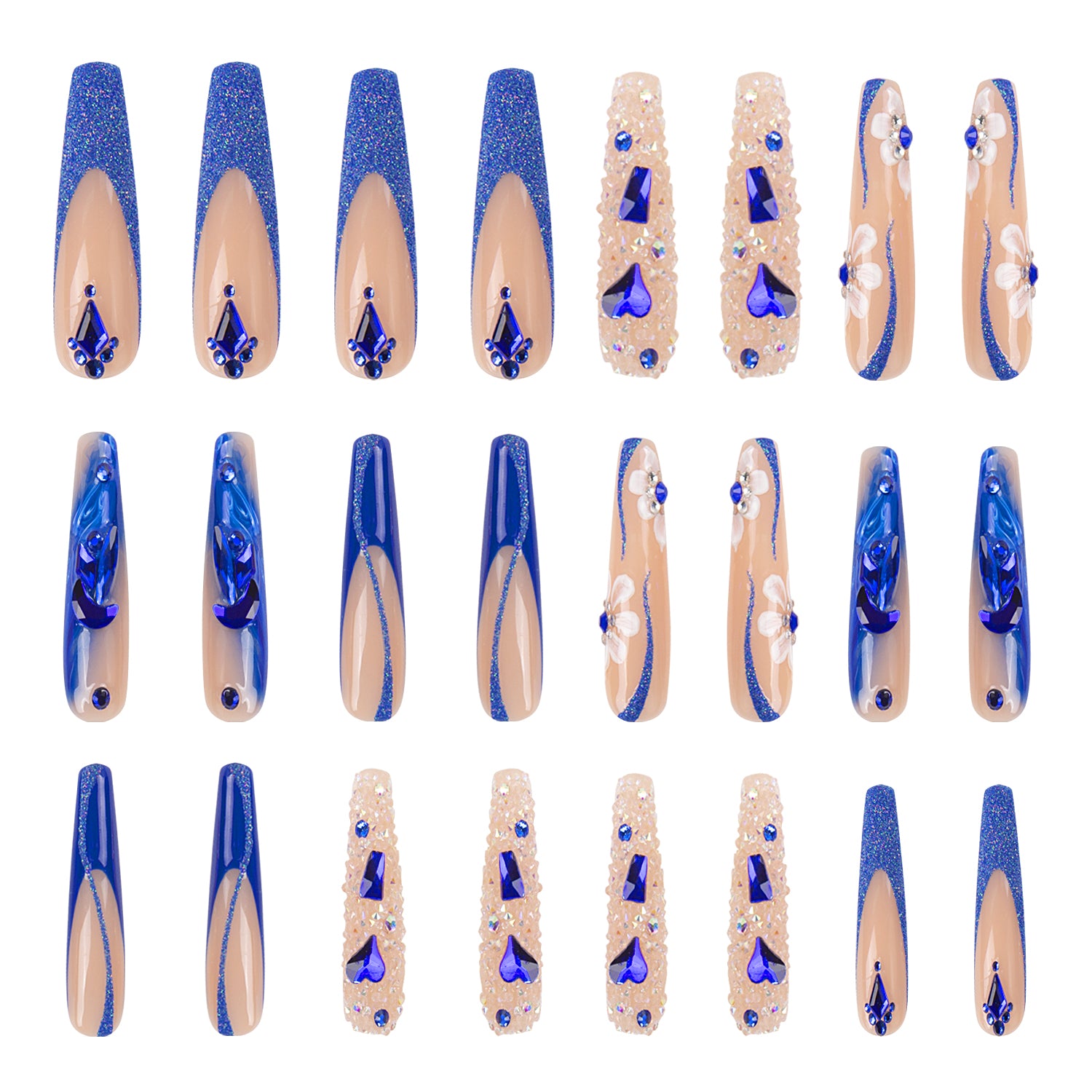Set of 24 Blue Suede press-on nails with blue French tips, curvy line designs, crystal-like decorations, and blue heart-shaped gems.