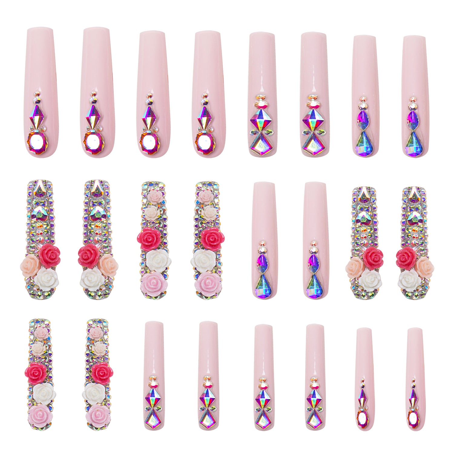 Set of 24 pink press-on acrylic nails with detailed designs, featuring shimmering rhinestones, geometric patterns, and delicate roses. Romantic and elegant nail designs for special occasions.