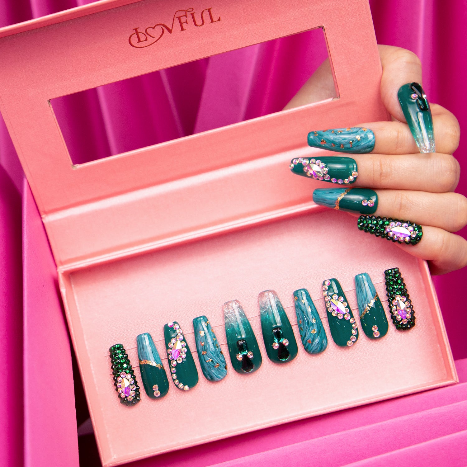 Emerald Envy Blue Handmade Coffin Nails H109