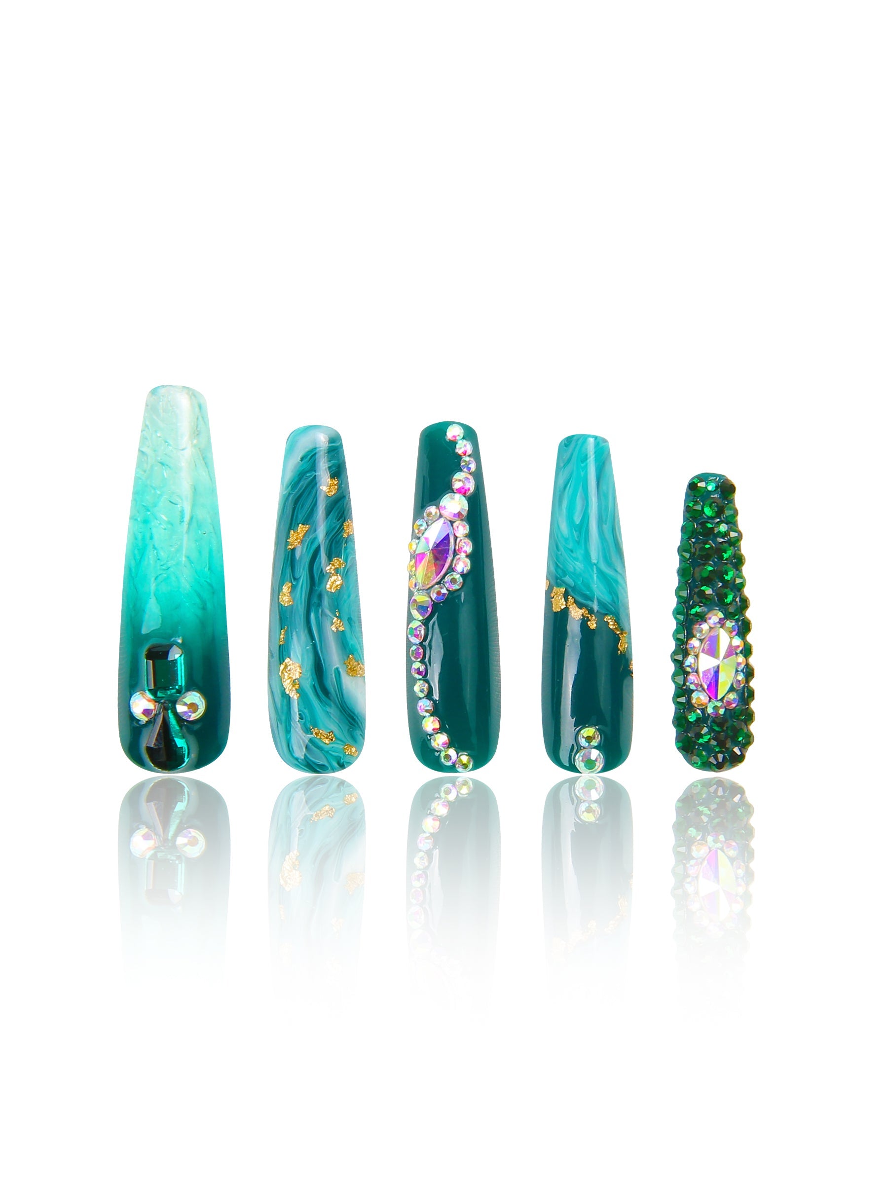 Five Emerald Envy press-on coffin nails with intricate gold decor, rhinestones, and gem embellishments in various shades of green. Designs capture the essence of lush foliage and nature's splendor.