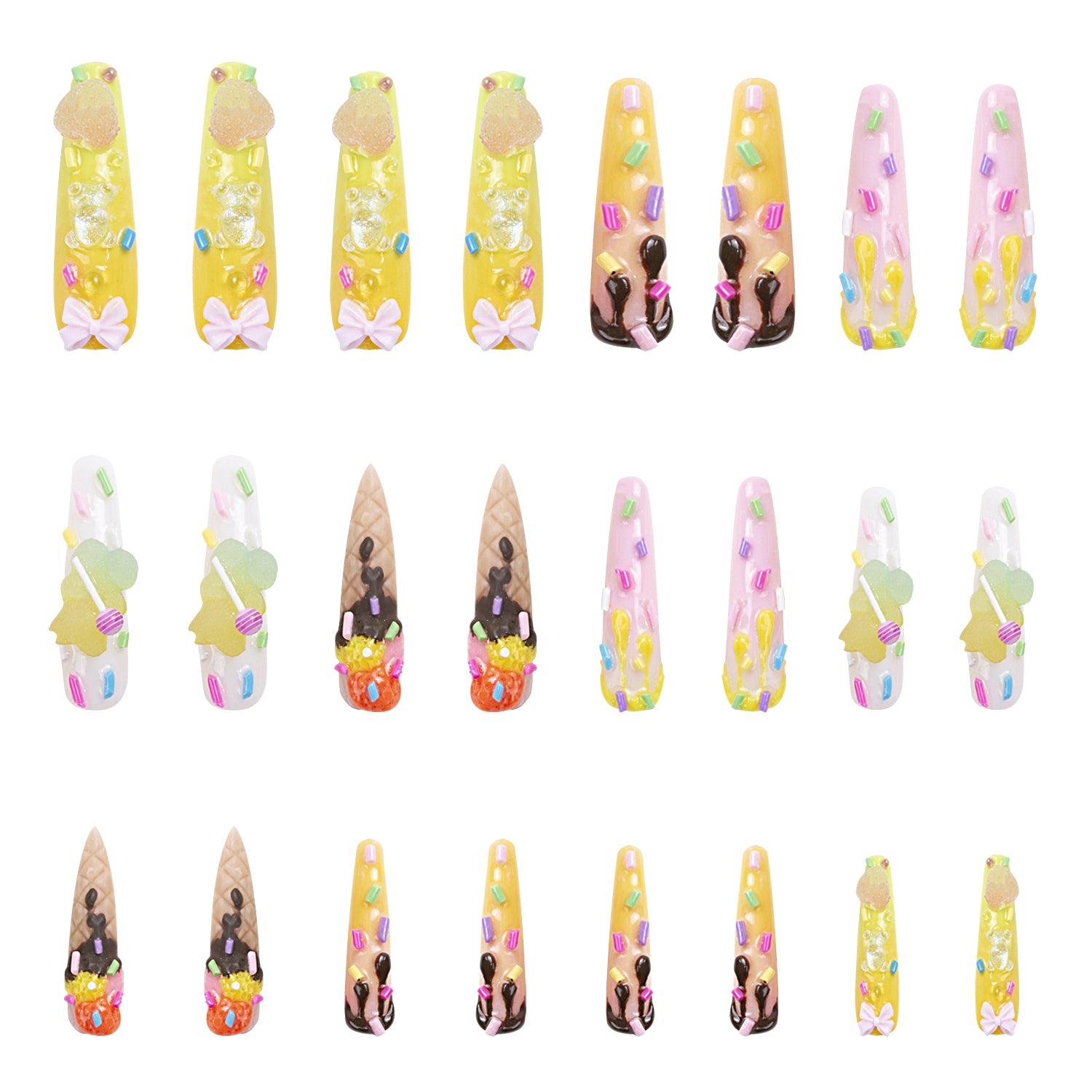 Set of 24 press-on acrylic nails featuring 3D decorations of sprinkles, candy canes, bows, and mini ice cream cones from Lovful.com. Playful and colorful nail designs arranged in four rows.