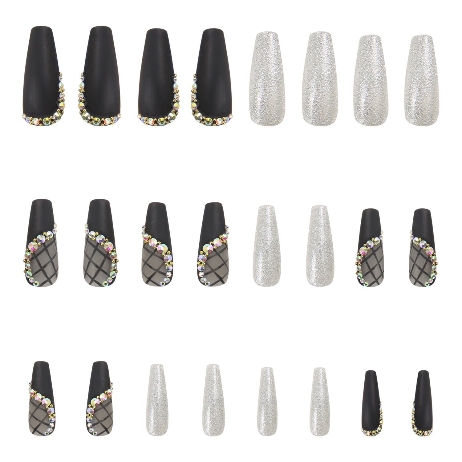 Lovful Black Lace press-on nails set, includes 24 black and silver shimmer nails with delicate lace decor and rhinestone accents.