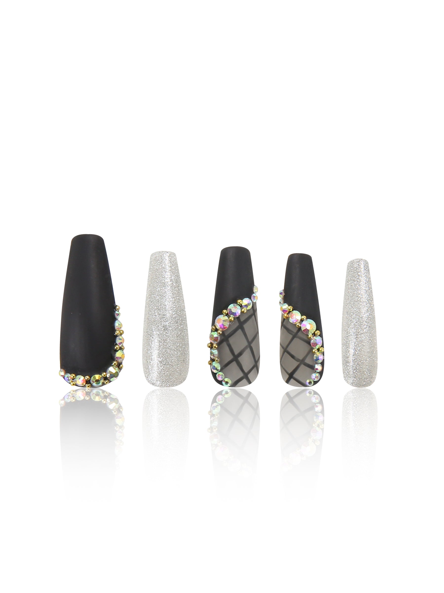 Black Lace press-on coffin-shaped nails with silver shimmer, subtle lace decor, and rhinestone accents from Lovful's collection, perfect for an elegant look.