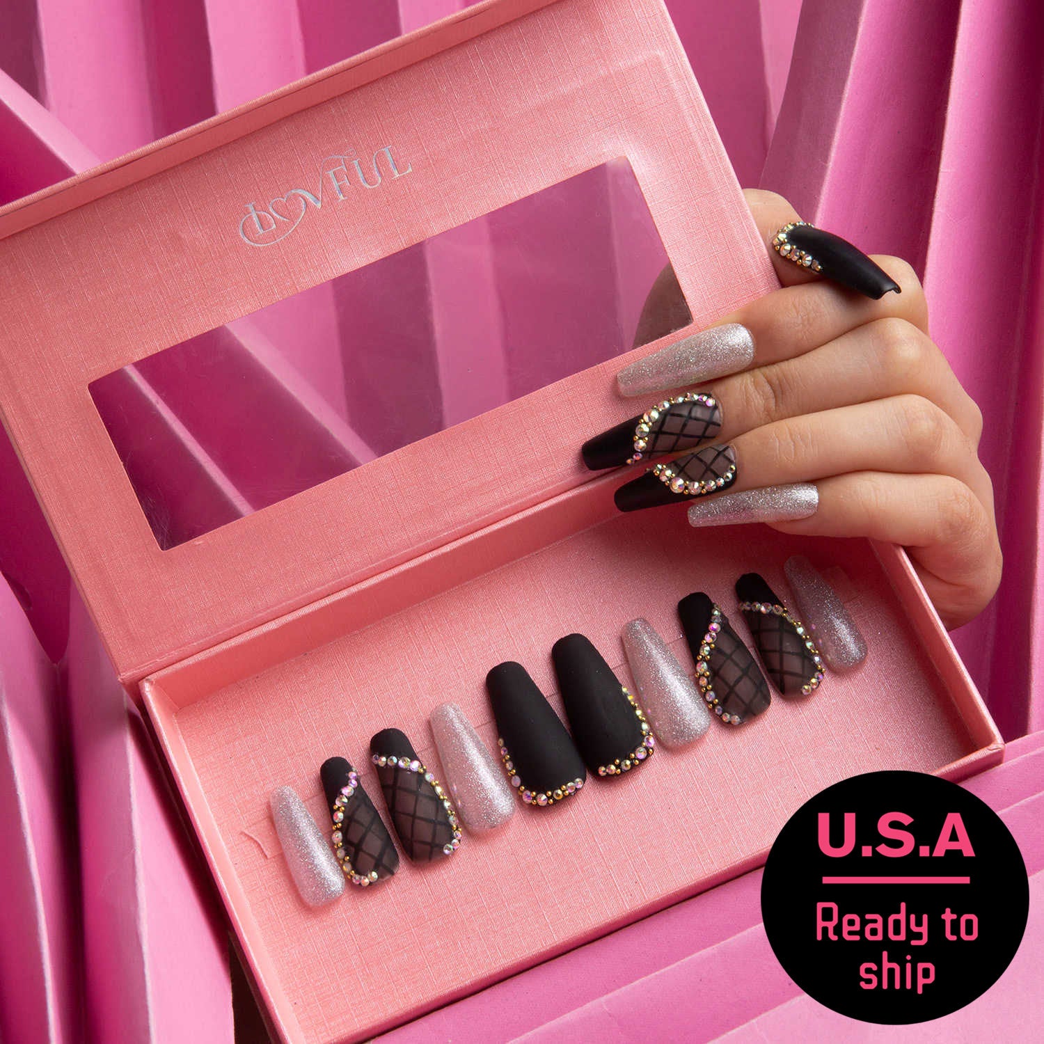 Black Lace Coffin-shaped press-on nails with silver shimmer and rhinestone accents in a pink box, with 'U.S.A Ready to ship' label.