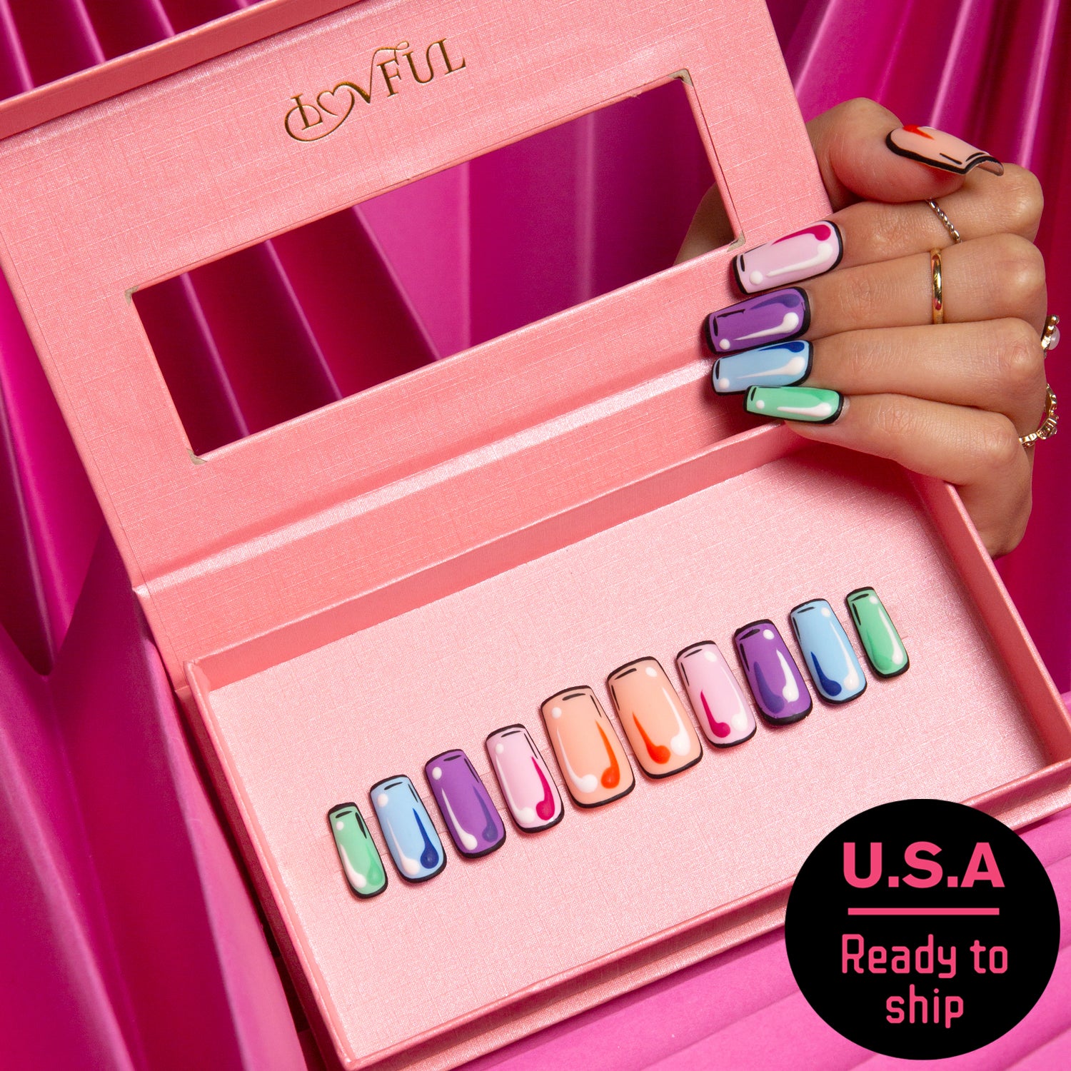 Lovful Colorful Pop press-on nails set with vibrant pop art design in five colors. Features U.S.A. Ready to ship badge.