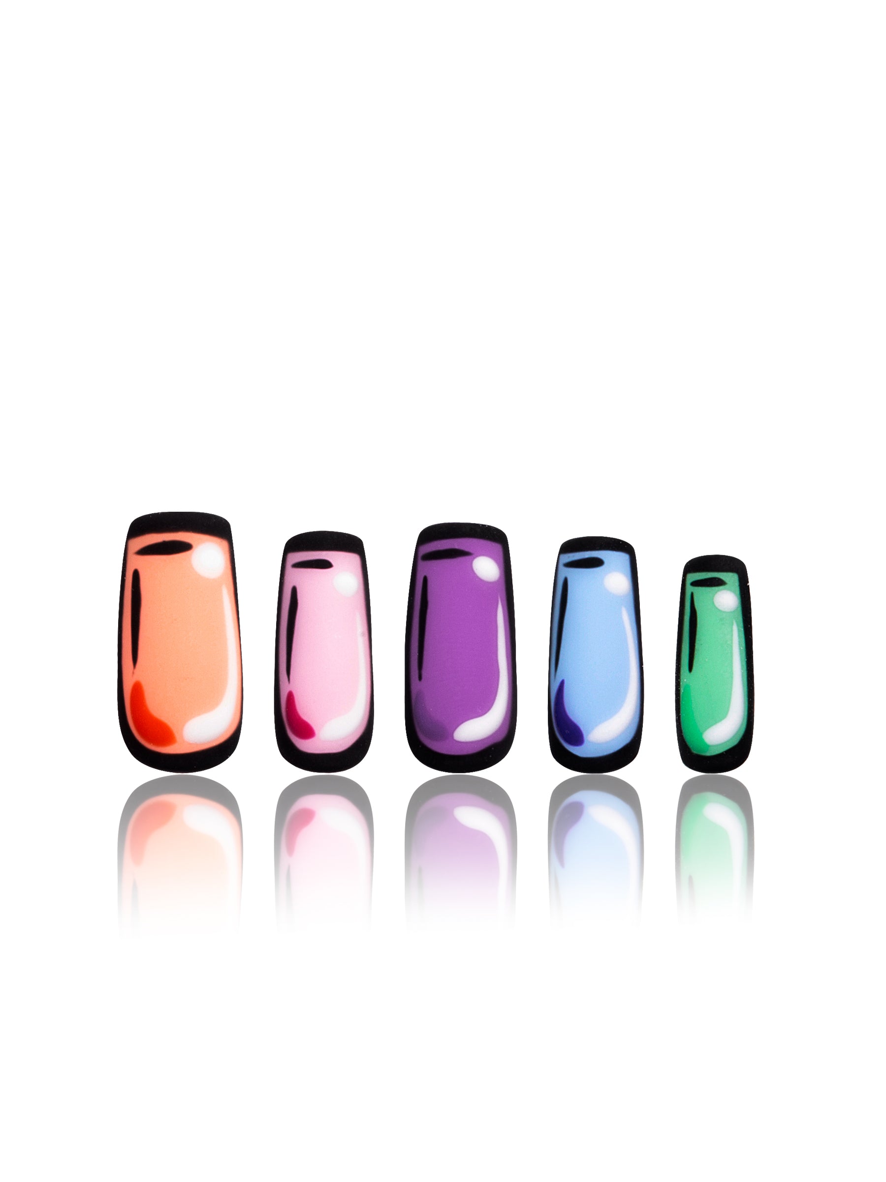 Colorful Pop press-on nails in square shape displayed in a row, featuring vibrant colors of orange, pink, purple, blue, and green.