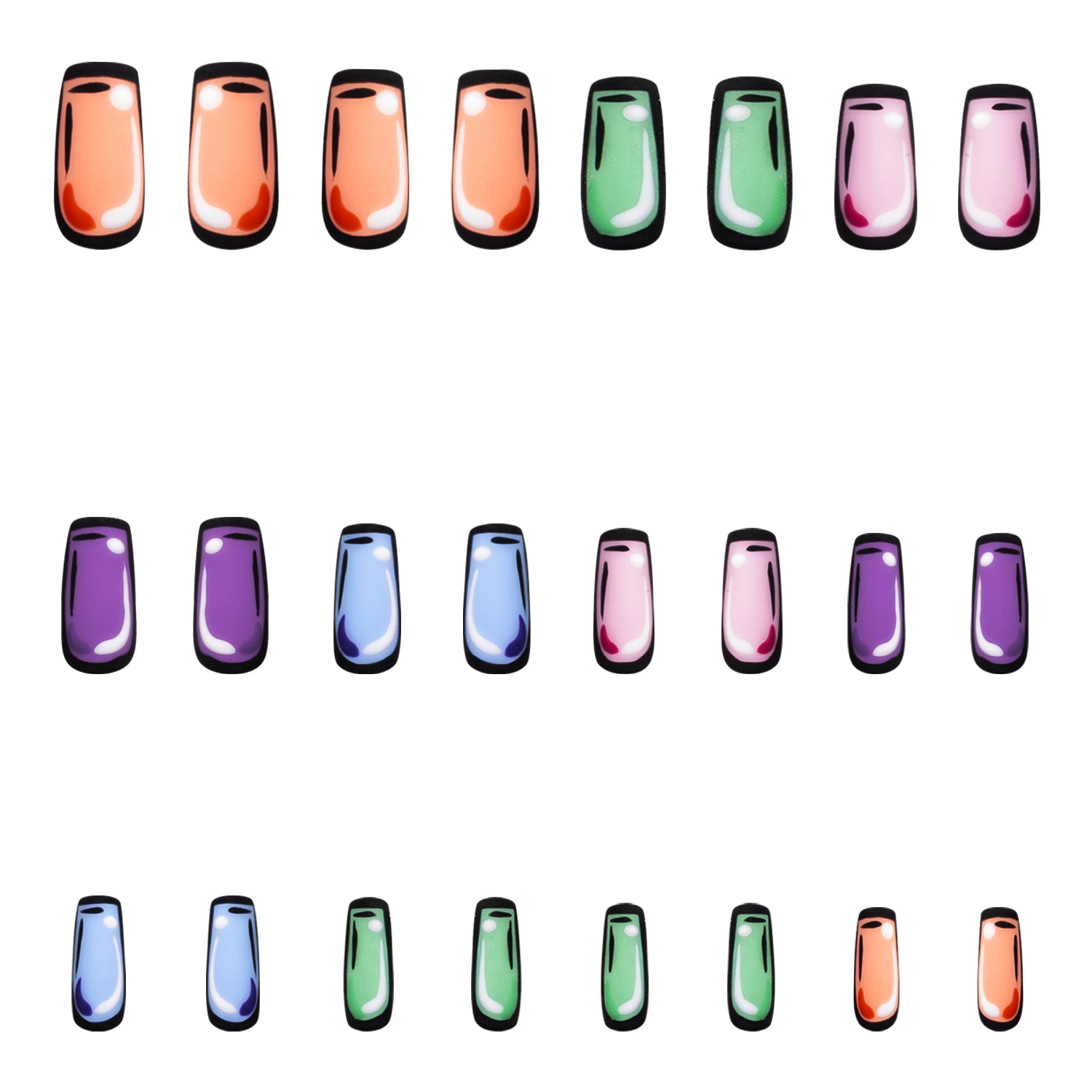 Lovful H116 - Colorful Pop 24-piece press-on nail set featuring vibrant colors such as orange, green, pink, purple, and blue with a glossy finish and pop art design.