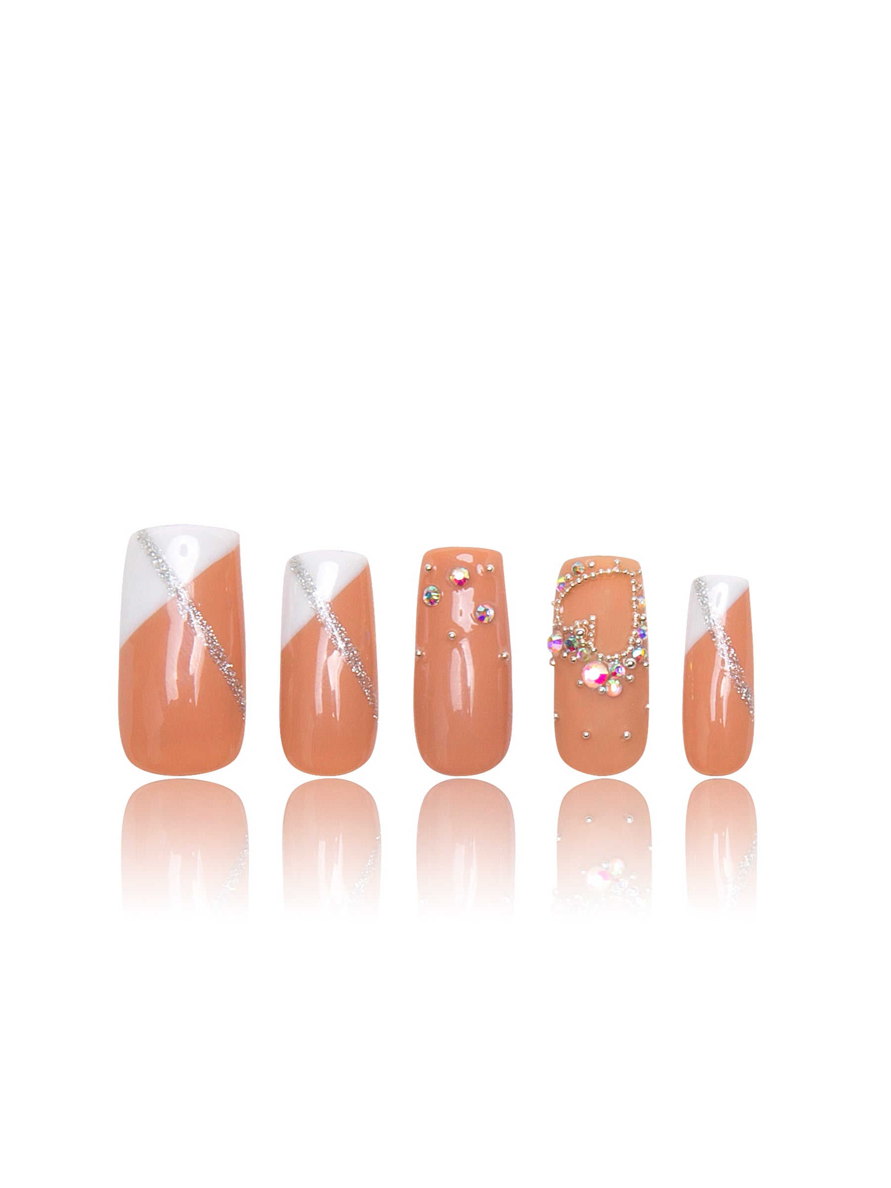 Set of five 'Lovely Kitten Heels' press-on nails by Lovful featuring diagonal glitter stripes and classic French tips on a white base with some nails adorned with gemstones.