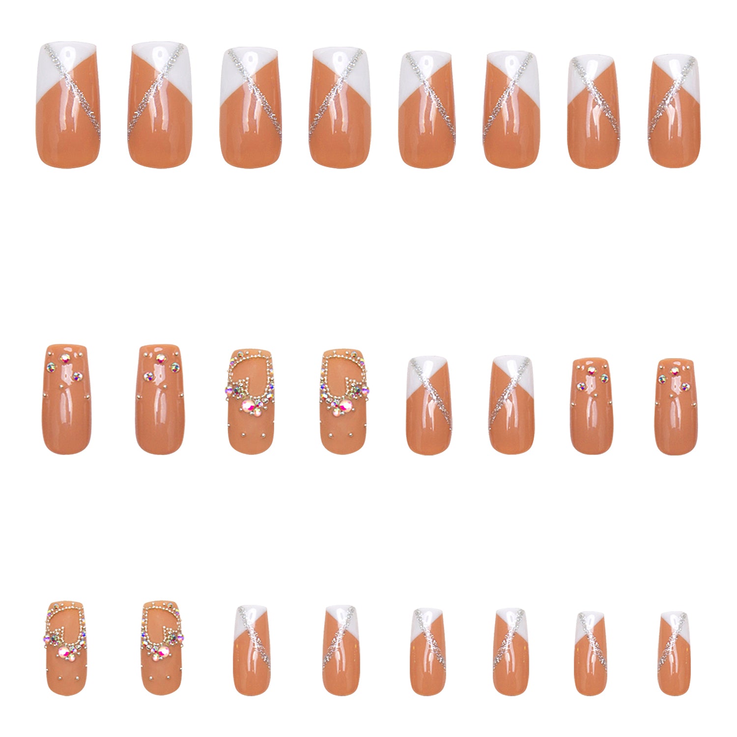 Set of 24 press-on acrylic nails from Lovful's 'Lovely Kitten Heels' collection, featuring classic French tips with glitter and rhinestones on a white base, arranged in four rows with various designs.