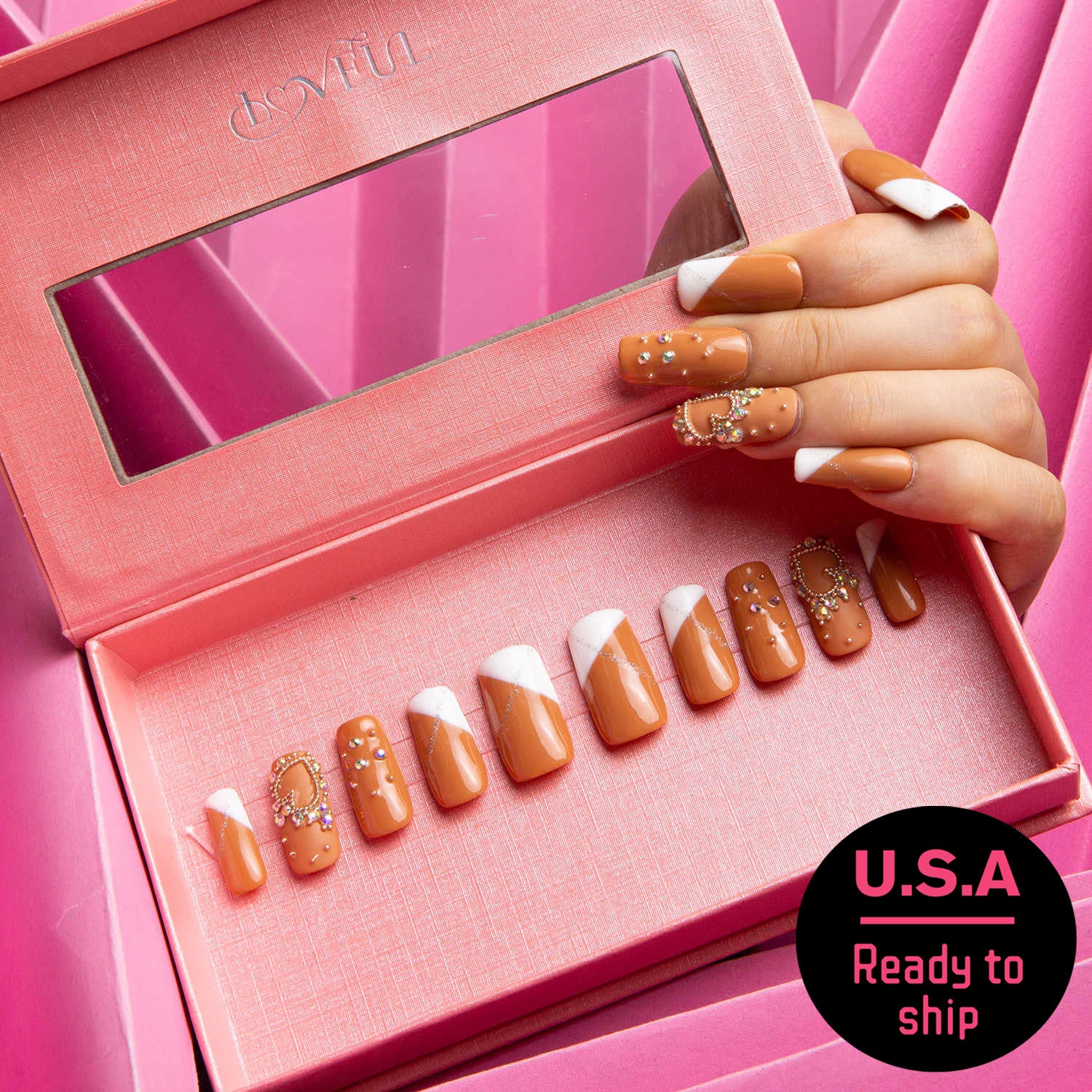 Lovful press-on nail set in a pink box, featuring light brown nails with white French tips and rhinestones. U.S.A Ready to ship.
