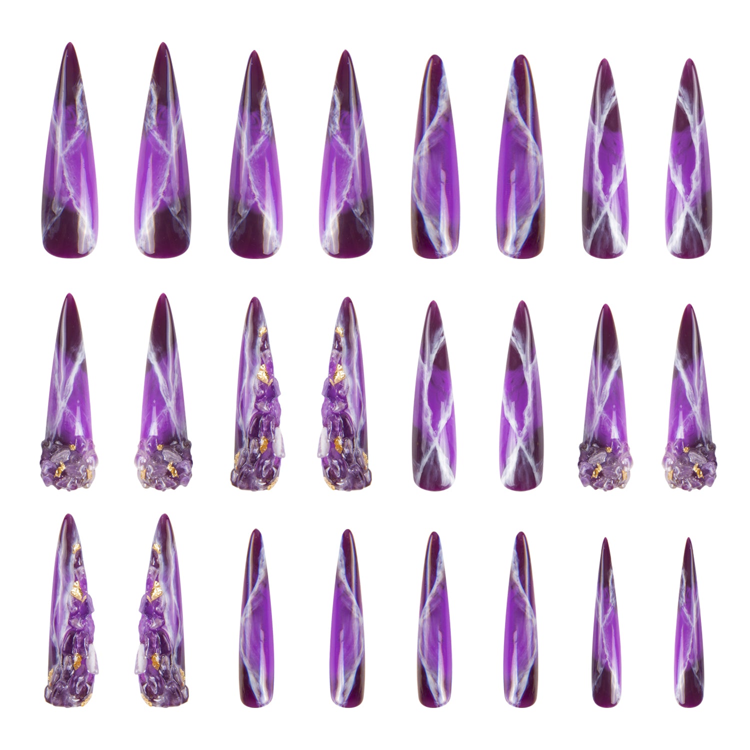 Dream Amethyst press-on nails set with 24 pieces featuring intricate purple designs, ancient symbols, celestial patterns, and decorative embellishments