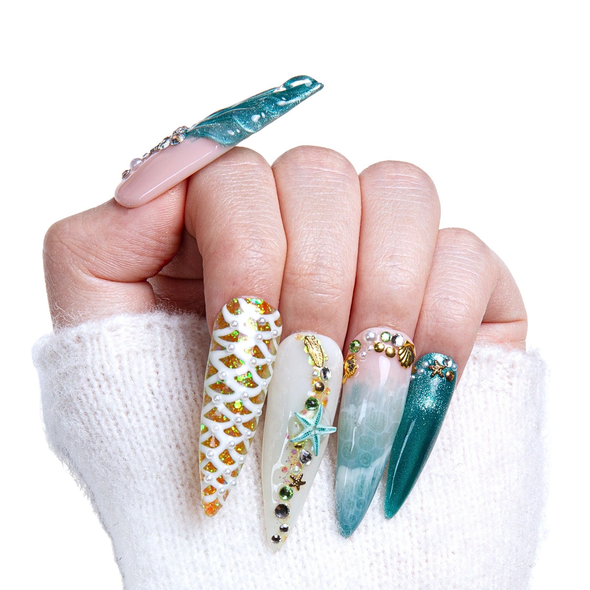 Surfing Girls Blue Handmade Nails H119