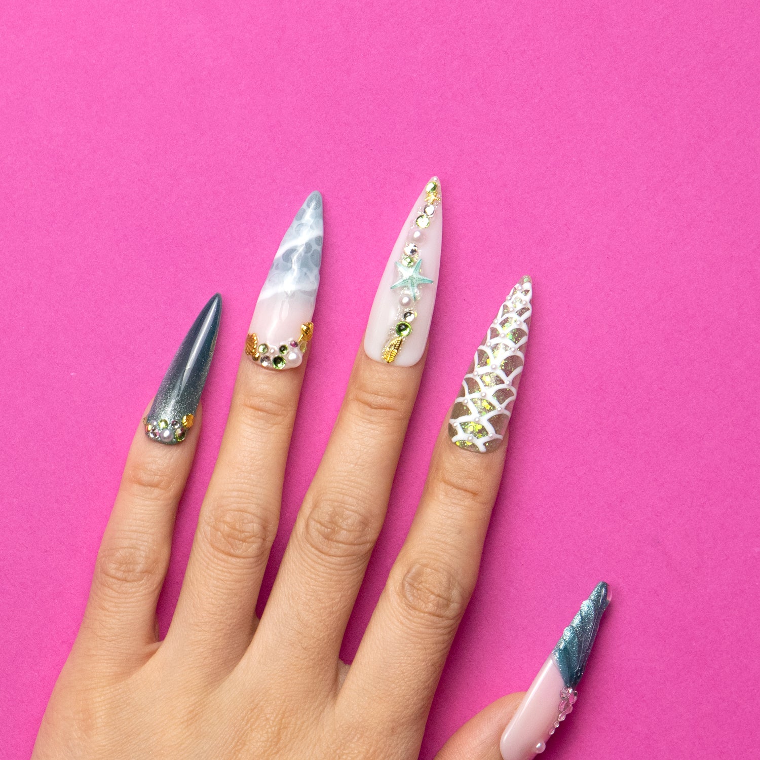 Surfing Girls Blue Handmade Stiletto Nails H119