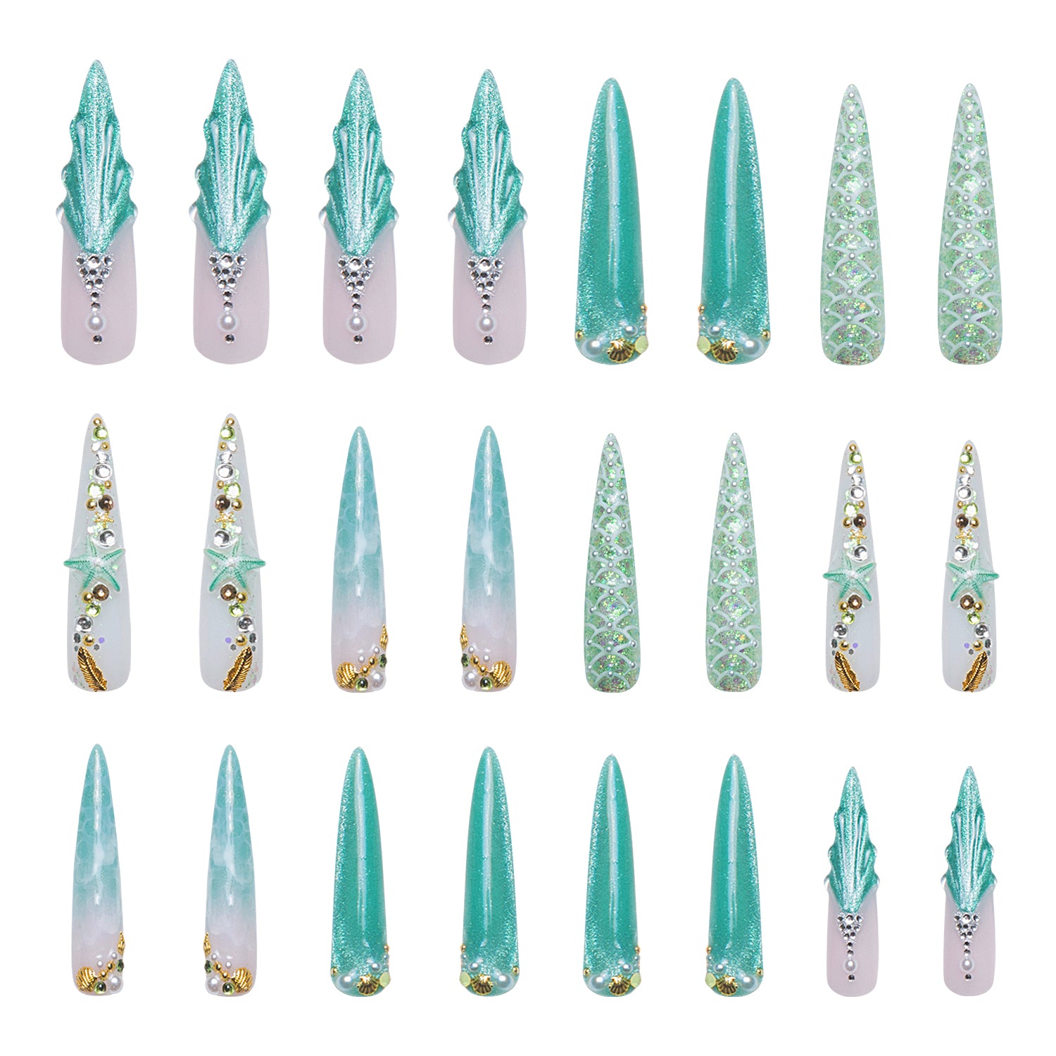 24 pieces of Surfing Girls press-on nails with Hawaii sea blue base. Designs include starfish, glitters, and intricate beach-themed patterns. Available at Lovful.com.