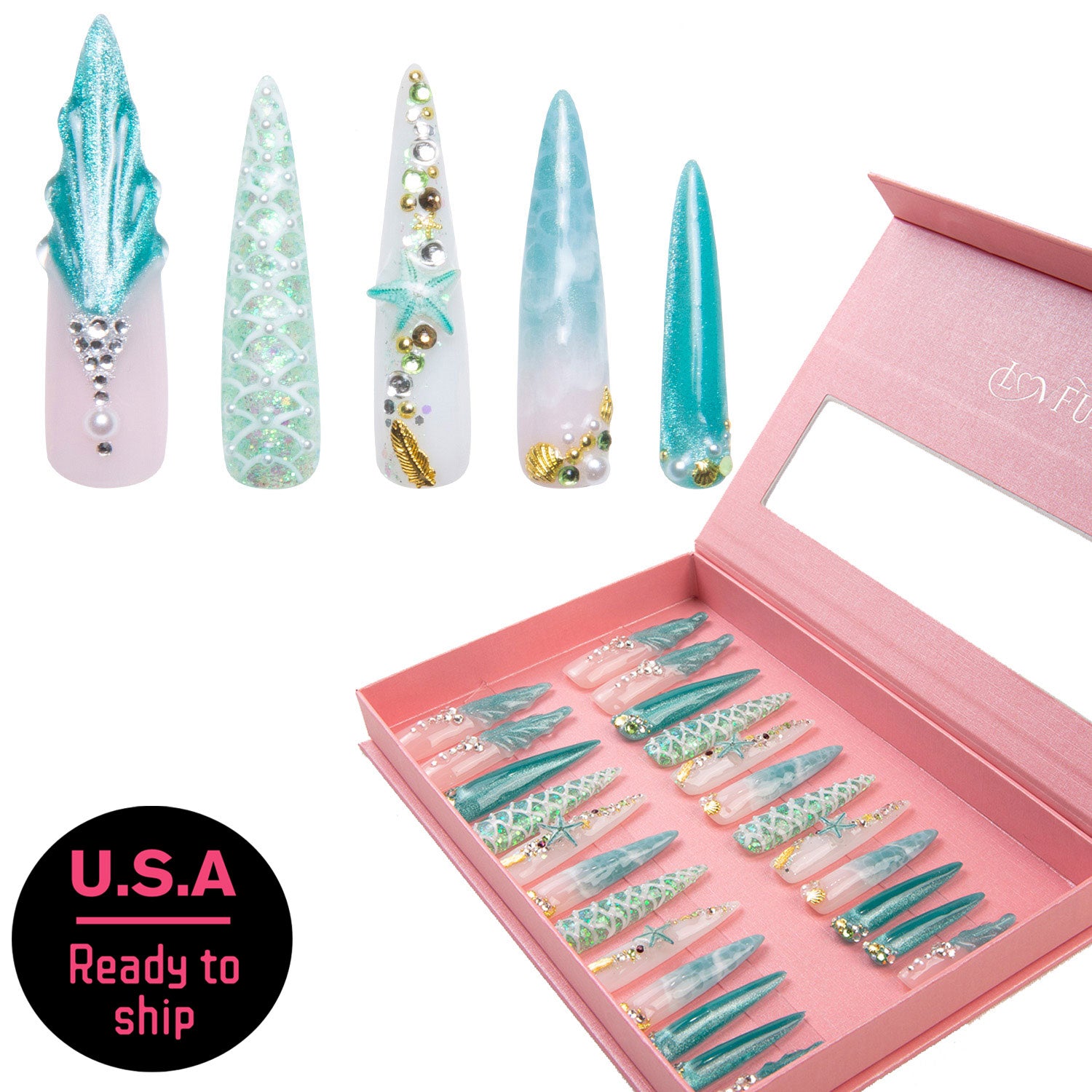Surfing Girls (H119) 24 pcs press-on nails with Hawaii sea blue base, decorated with starfish, glitter, and rhinestones, shown in an open pink box. Ready to ship from the U.S.A.