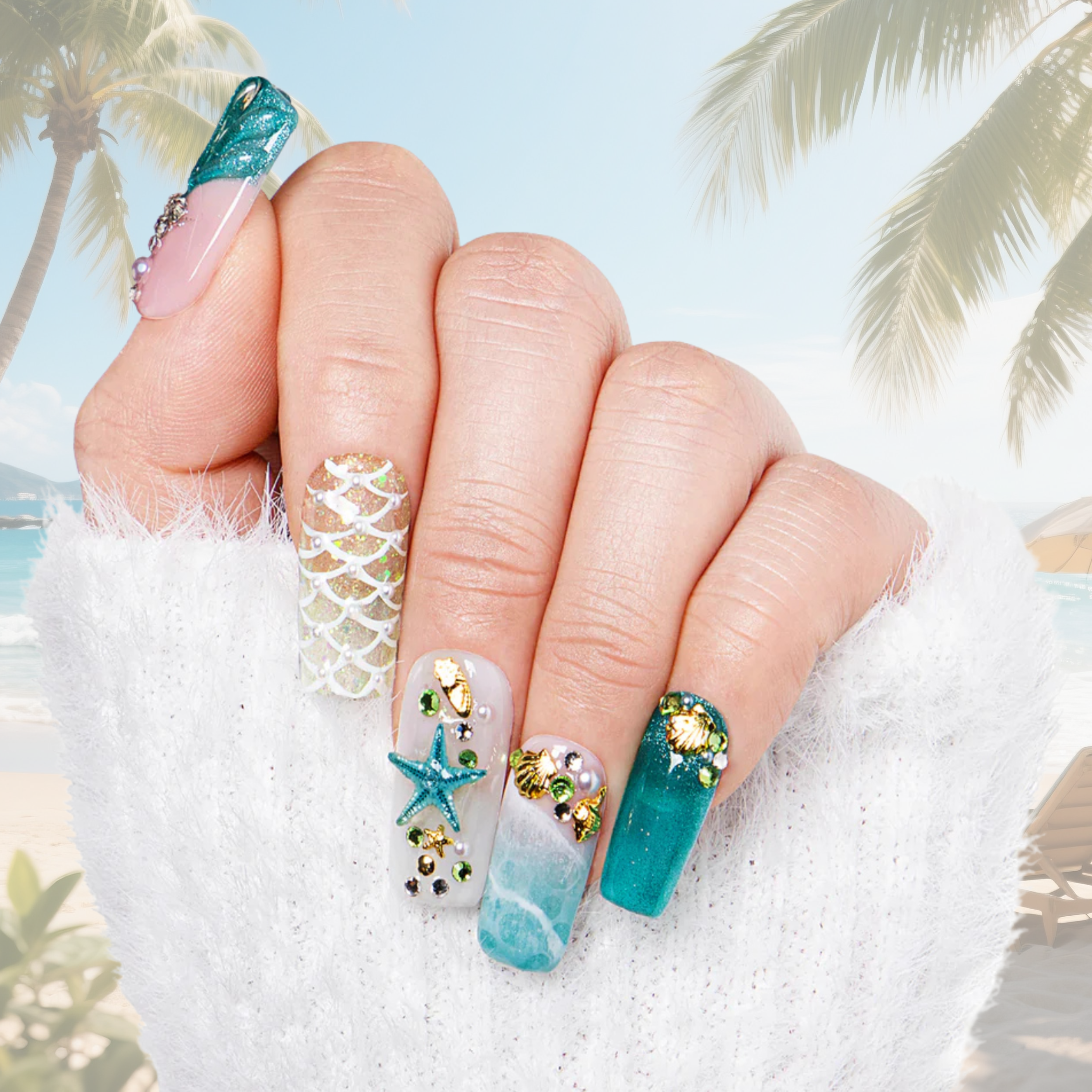 Surfing Girls Blue Handmade Nails H119