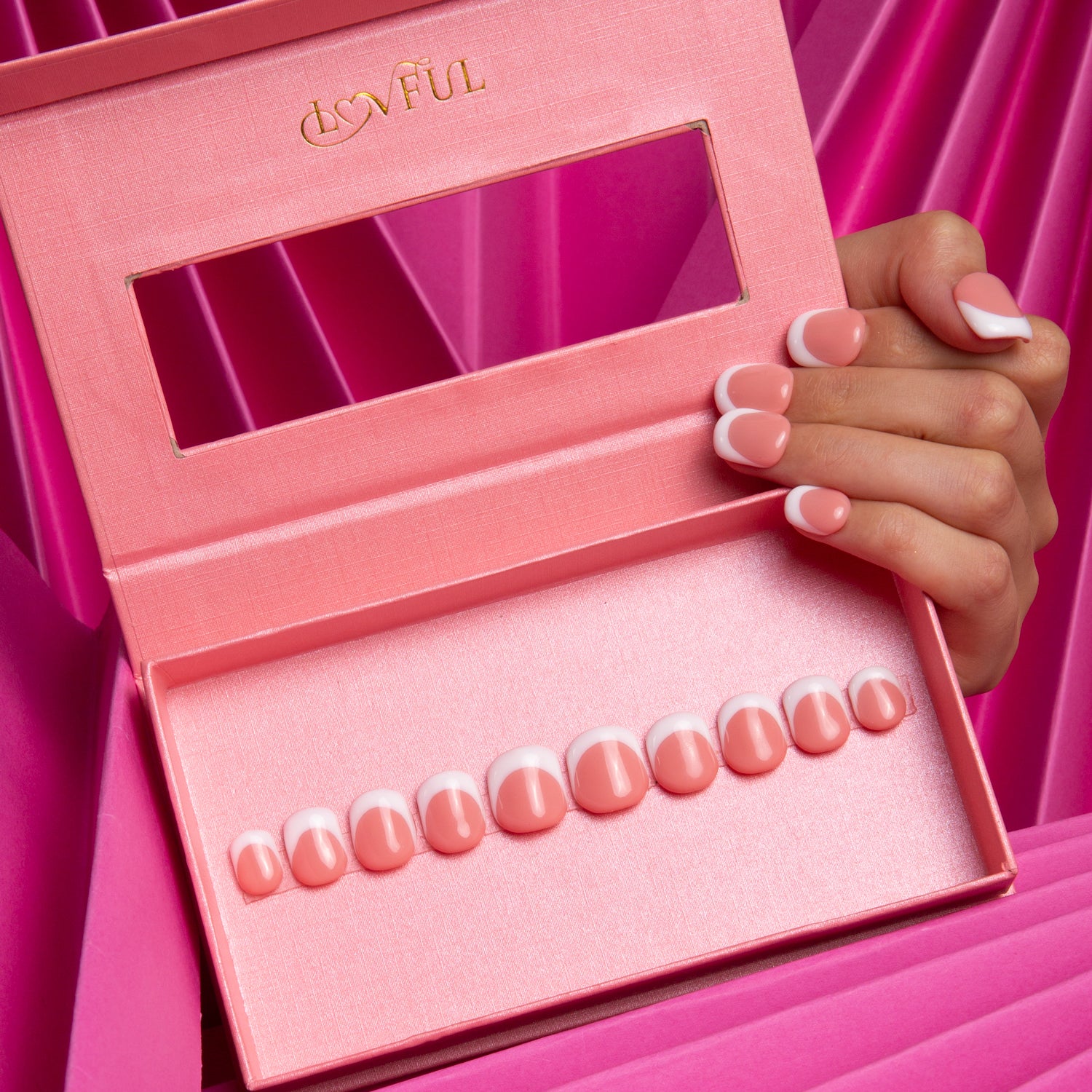 Lovful Coffee Latte French Tip Press-On Nails in a pink box with ten square-shaped nails, showcasing a sophisticated white and coffee latte design. Ideal for stylish occasions.