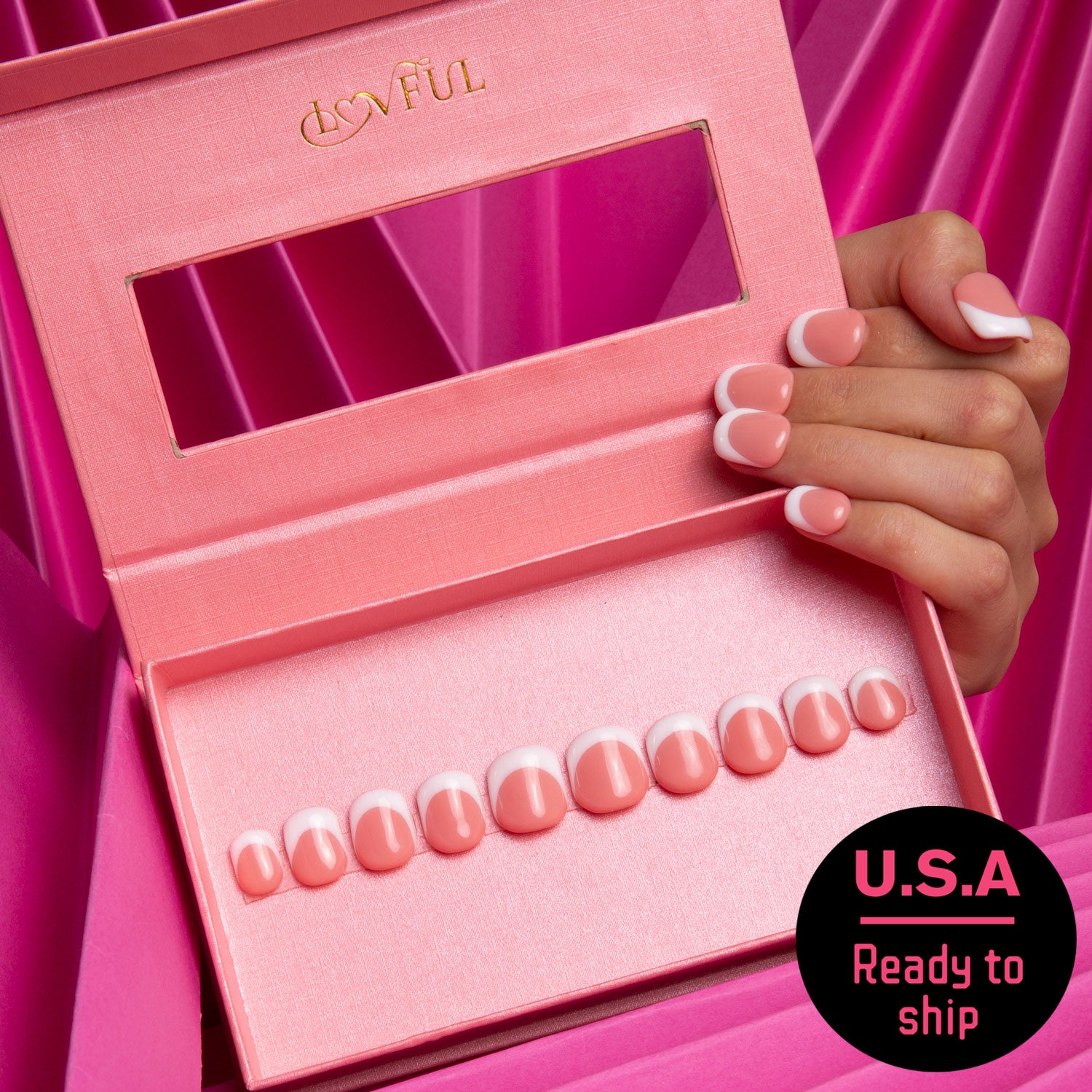 Lovful Coffee Latte French Tip Press-On Nails adorned in a pink box with a visible hand displaying the nail design. U.S.A Ready to ship badge included.