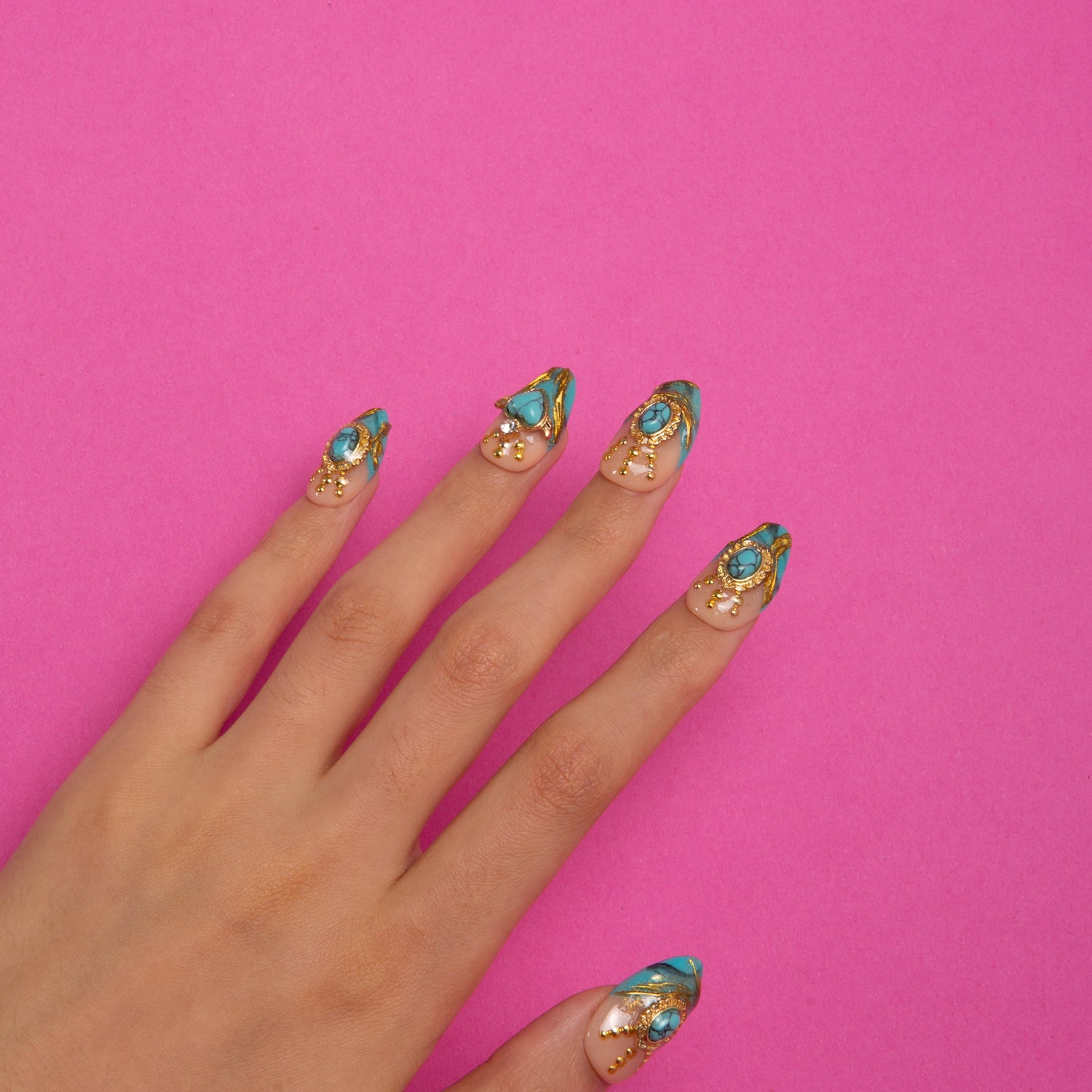 Turquoise Blue french tip Almond nails H122