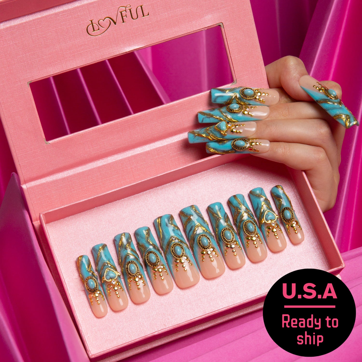 Set of turquoise and gold press-on nails in a pink Lovful box with a 'U.S.A Ready to Ship' label. Hand with matching nails is shown.