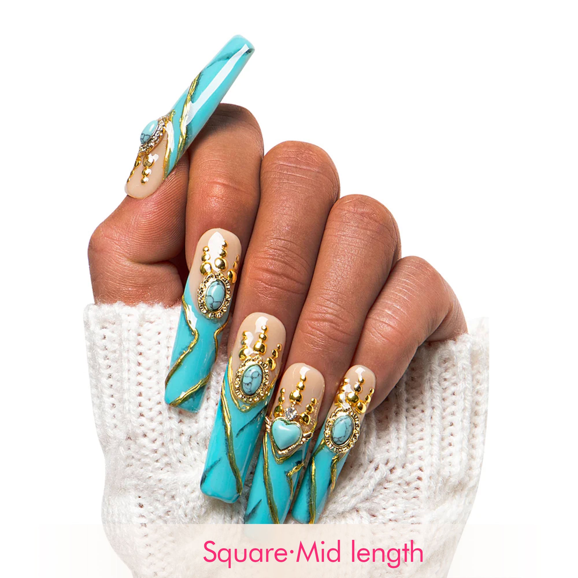 Turquoise Blue French Tip Handmade Nails H122