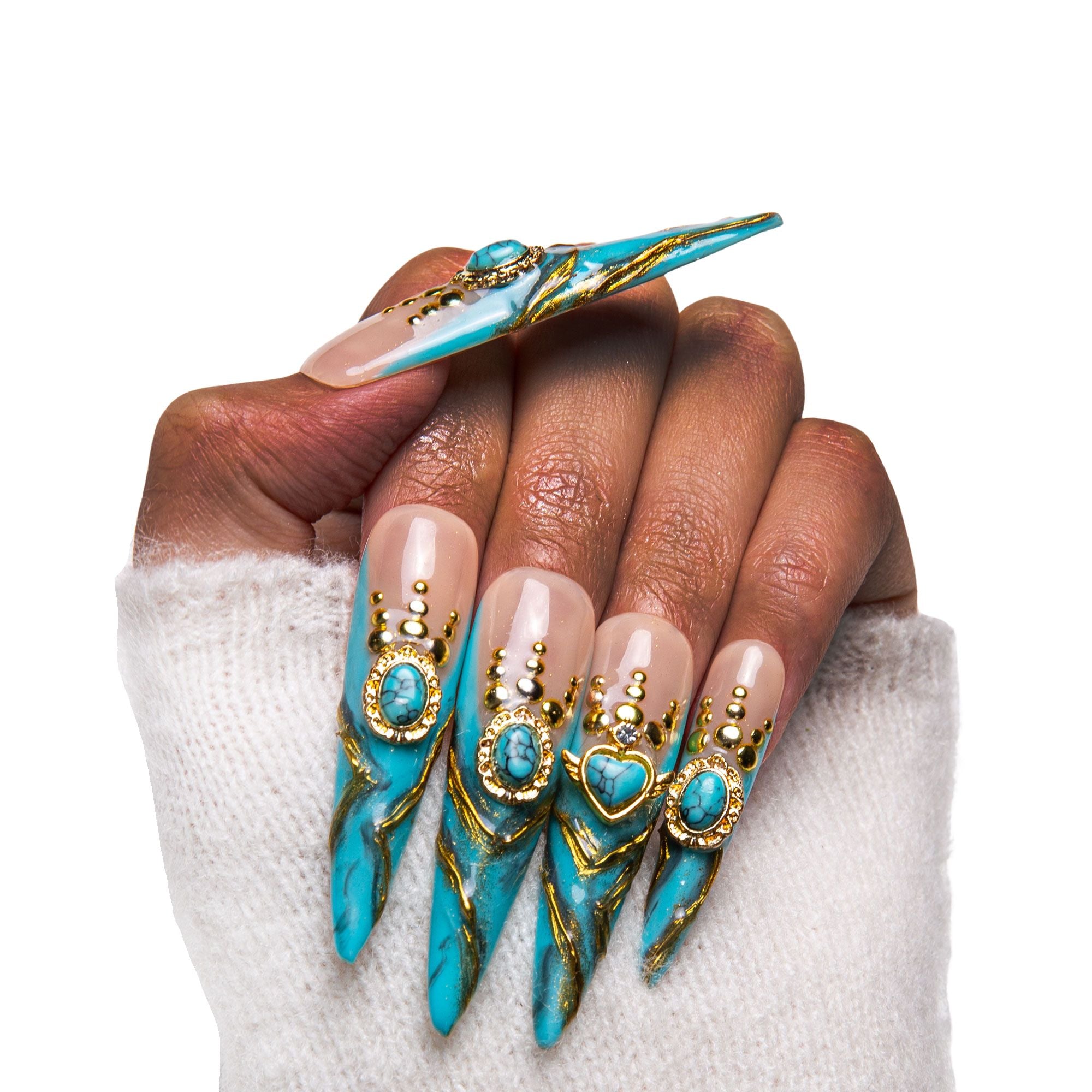 Turquoise Blue French Tip Handmade Nails H122