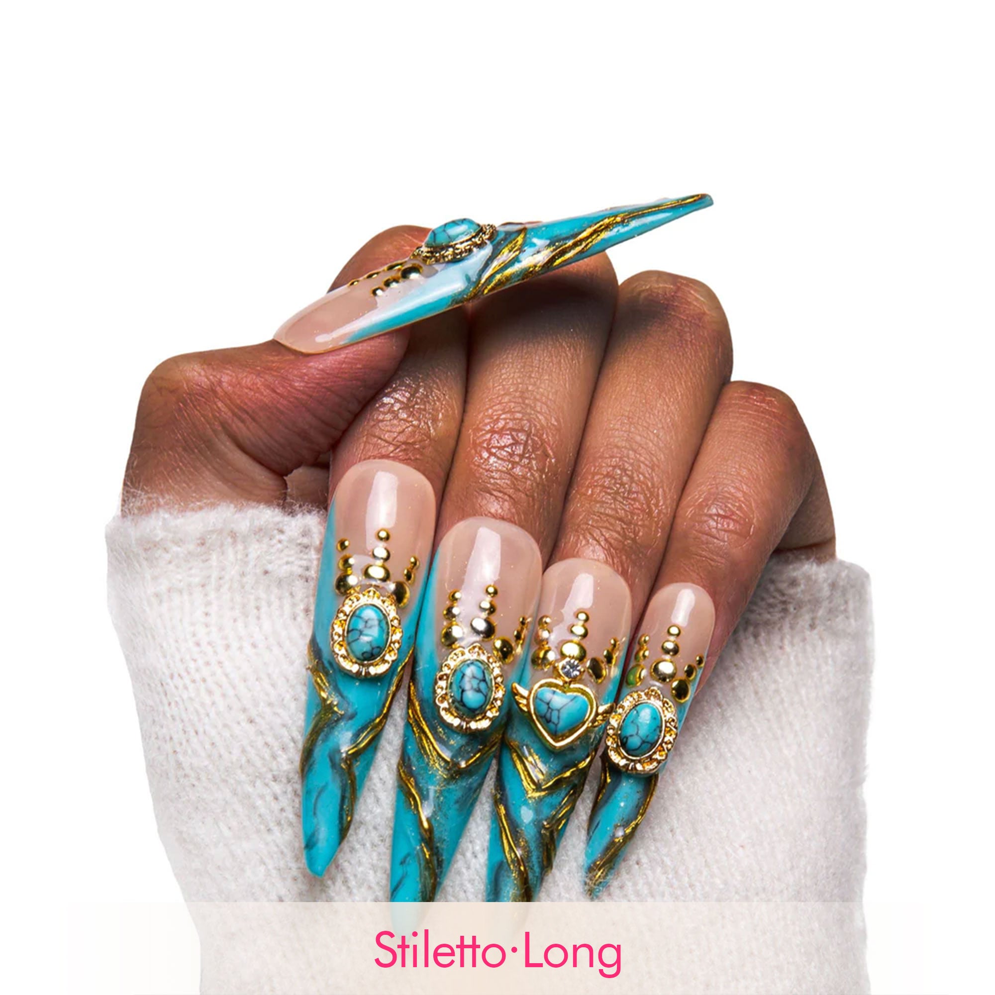 Turquoise Blue French Tip Handmade Nails H122