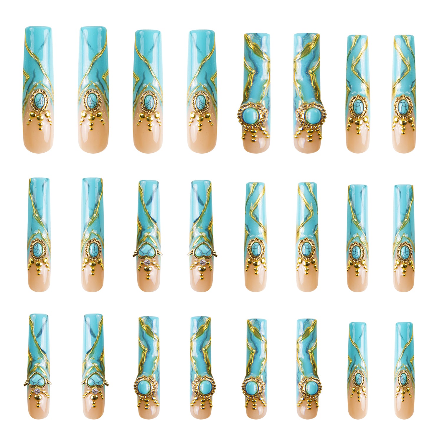Set of 24 luxurious turquoise and gold press-on nails with intricate golden decor and sparkling gems, perfect for glamorous events and lavish parties.