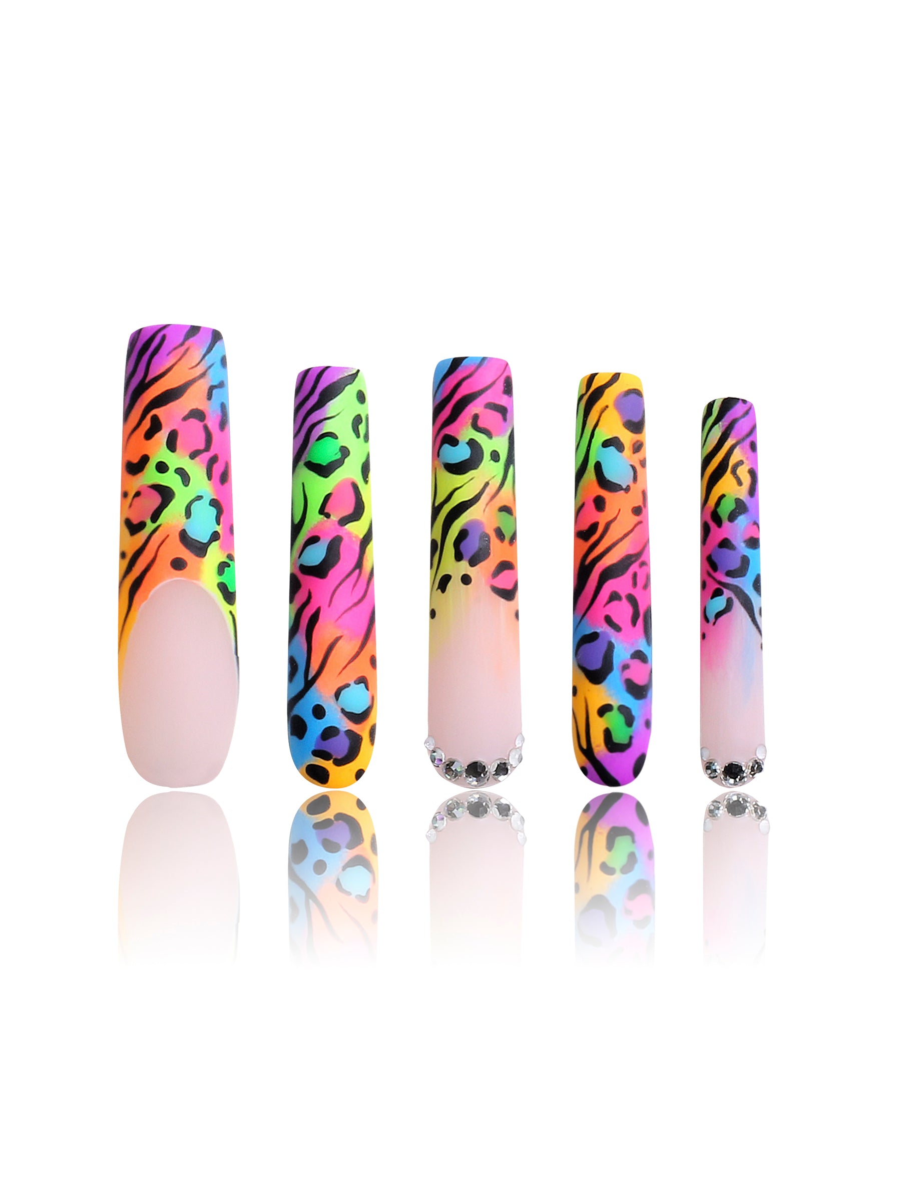 Colorful French tip illusion press-on acrylic nails with bold leopard prints and rhinestones in varying sizes