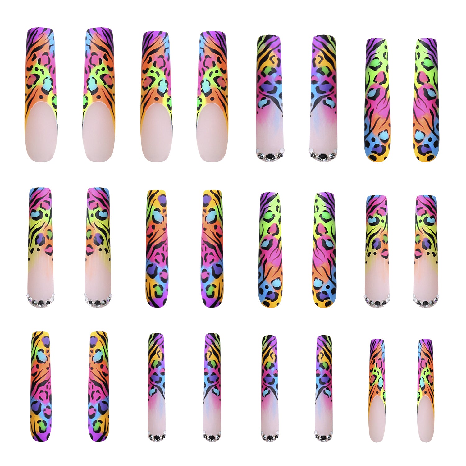 24 press-on nails with neon French tips and leopard prints in various colors including green, pink, blue, and purple, some adorned with rhinestones, perfect for a bold and trendy look