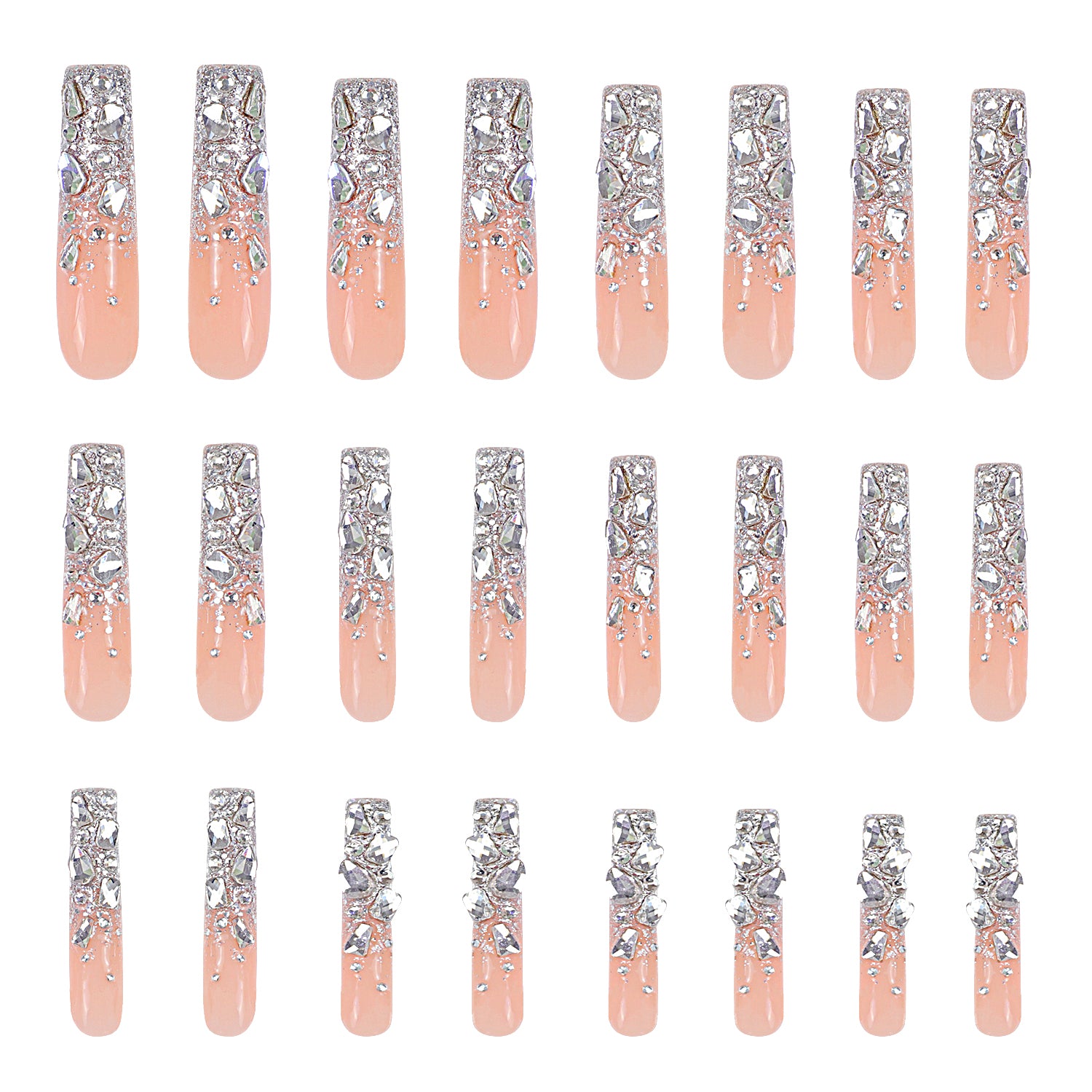 24-piece set of 'Silver Wind' press-on acrylic nails by Lovful, featuring nude pink base with silver glitter and sparkling rhinestones; perfect for enhancing your look with a touch of brilliance.